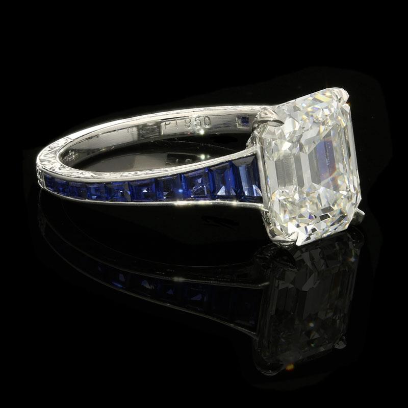 Contemporary Hancocks 3.20 Carat H VVS1 Vintage Emerald Cut Diamond Ring and Sapphire Band 