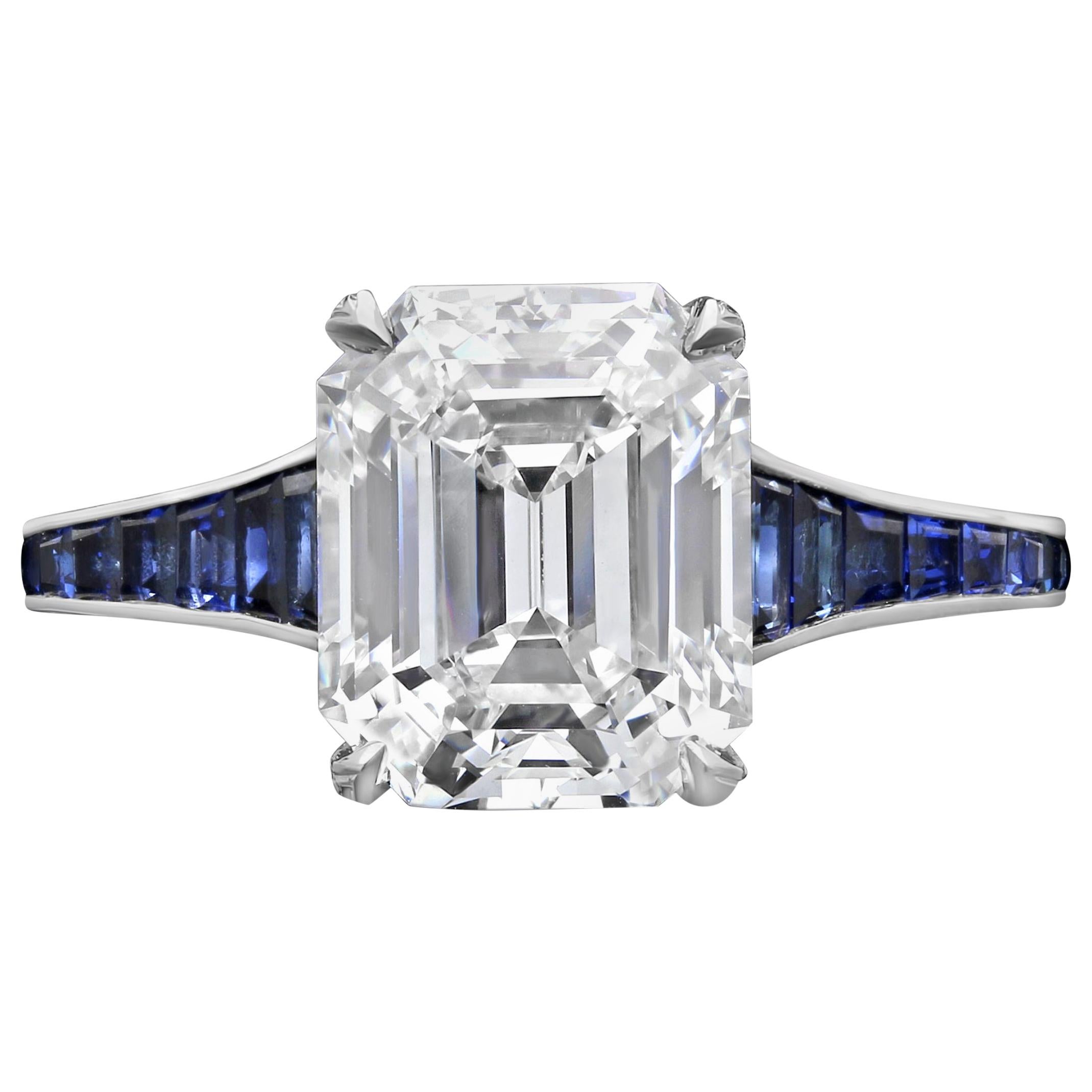 Hancocks 3.20 Carat H VVS1 Vintage Emerald Cut Diamond Ring and Sapphire Band