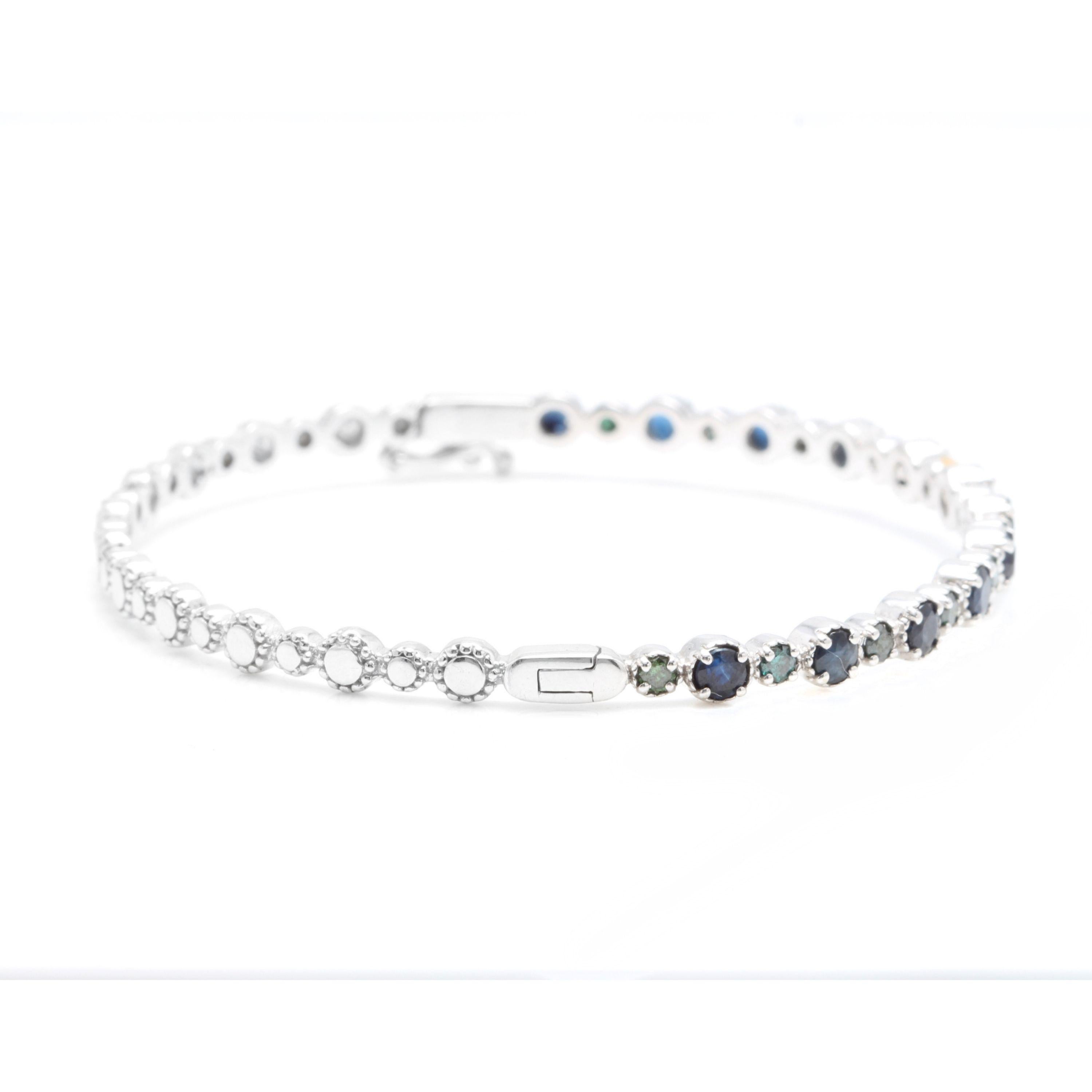 Mixed Cut 3.20 Carat Natural Blue Diamond and Sapphire 14 Karat Solid White Gold Bracelet For Sale