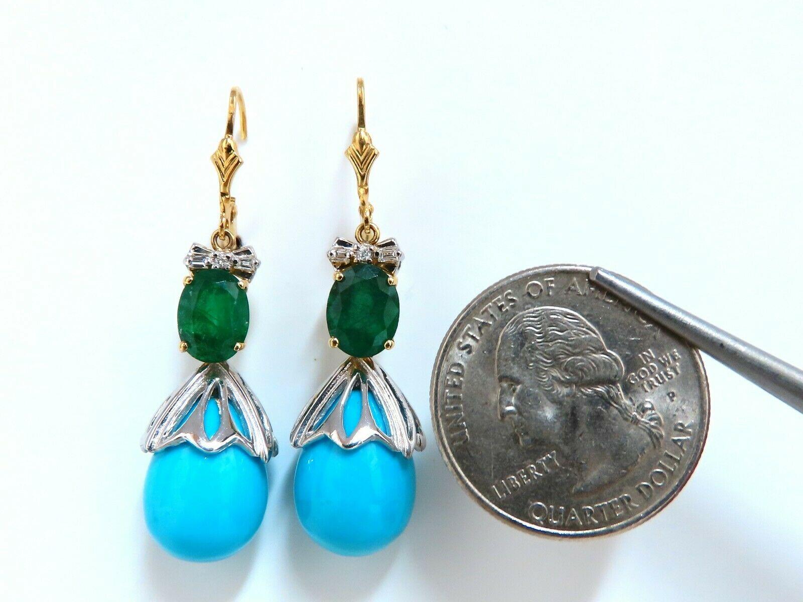 Parisian Retro Redux

Emerald, Turquoise & Diamonds Dangle Earrings.

3.00ct. Natural (2) Emeralds

Emeralds: Oval brilliant cuts.

Transparent & Even Green tone.

Ranging: 8.8 X 6.7 mm

.20cts of round diamonds: 

H-color, Vs-2 clarity.

16x13 mm