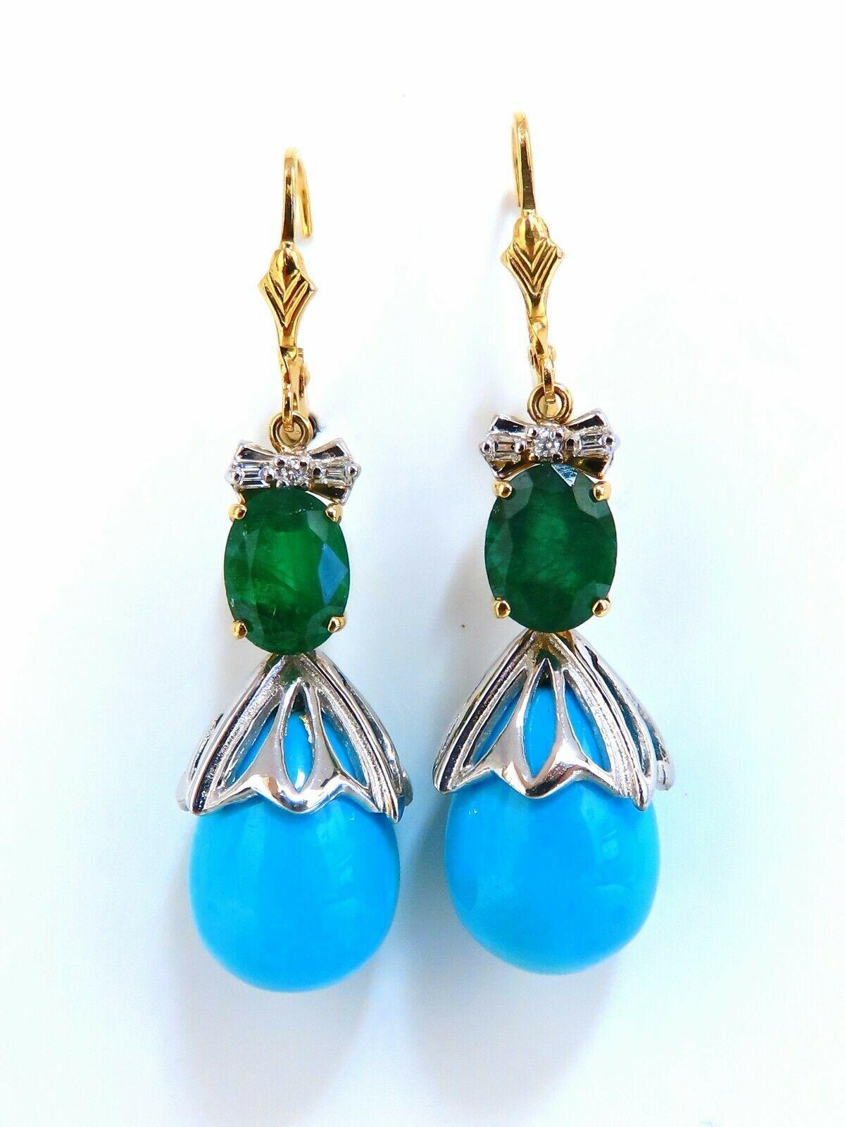 Oval Cut 3.20 Carat Natural Emeralds Turquoise Diamonds Dangle Earrings 14 Karat For Sale
