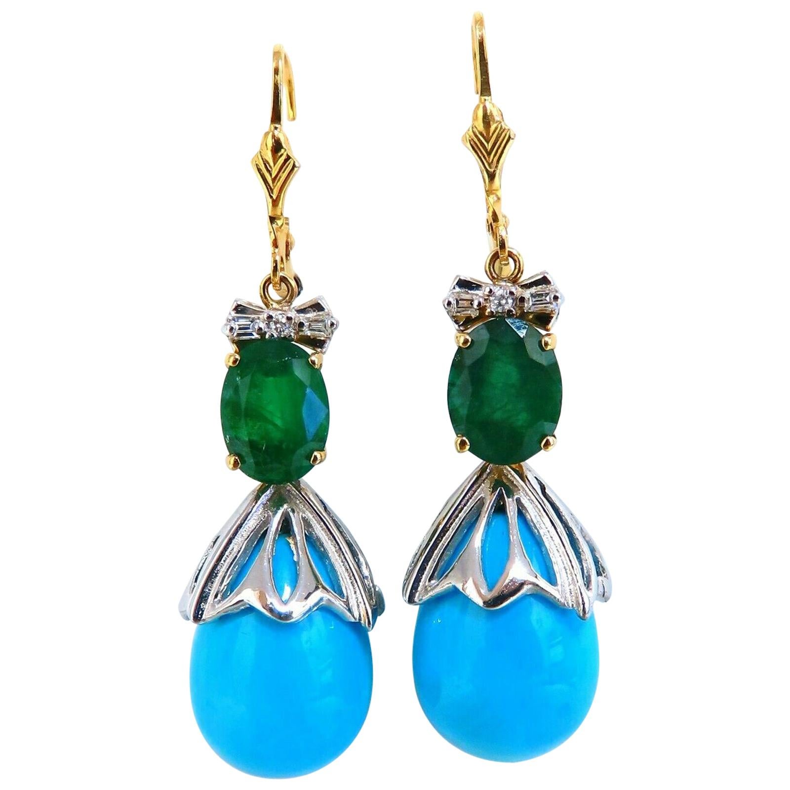 3.20 Carat Natural Emeralds Turquoise Diamonds Dangle Earrings 14 Karat