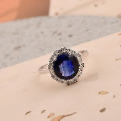 3.20Ct Round Blue Sapphire 0.38Ct Diamond Halo Engagement Ring 18k White Gold