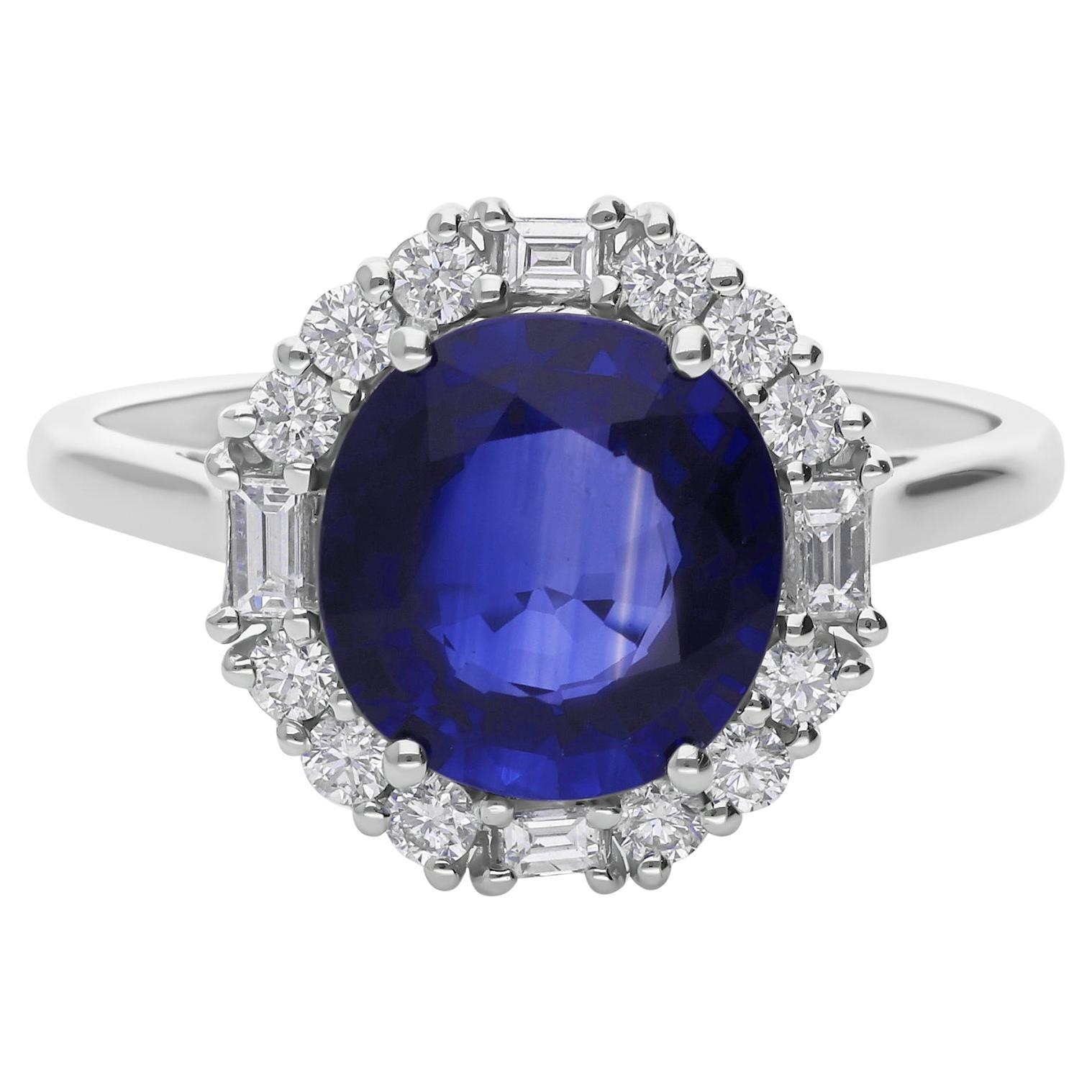 Anello di fidanzamento aureolato con diamante da 3,20 carati e zaffiro blu rotondo da 0,38 carati, oro bianco 18 carati