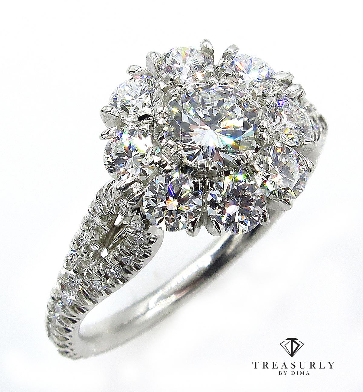 A supreme and stunning sparkler artfully crafted in Platinum setting.
The ring is 12mm in Diameter!
This dramatic and dynamic, uniquely Fabulous vintage diamond ring explodes in a blaze of bright white diamonds weighing 3.20 carats total (