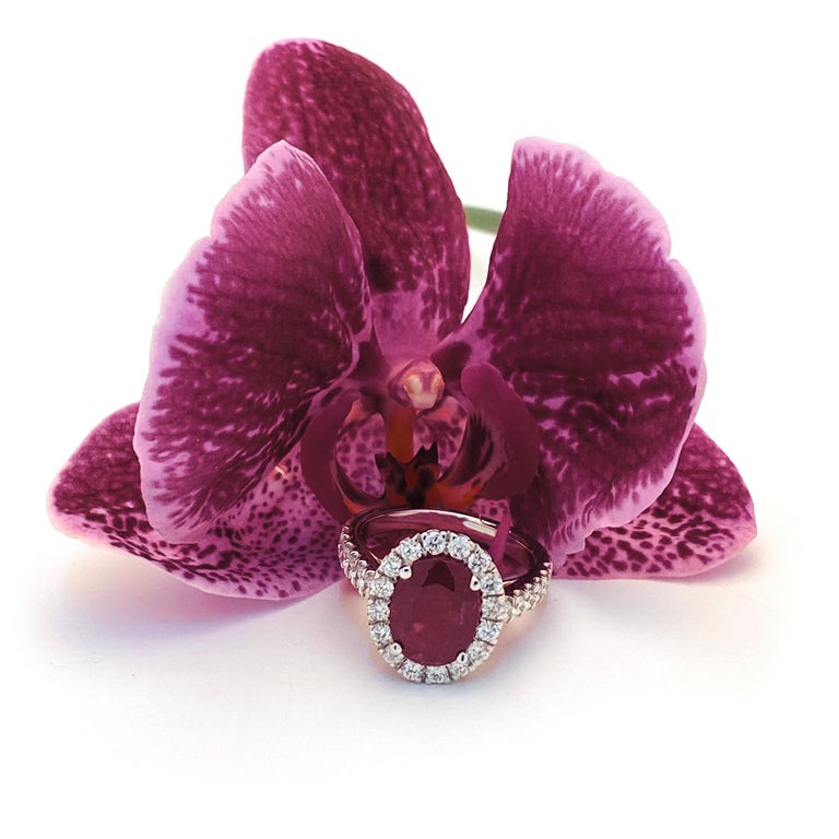 3.20ct Ruby Halo Ring in 14K White Gold, 0.70ct Side Diamonds For Sale 1