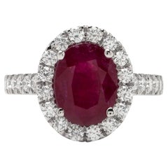3.20ct Ruby Halo Ring in 14K White Gold, 0.70ct Side Diamonds