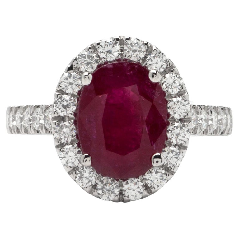 3.20ct Ruby Halo Ring in 14K White Gold, 0.70ct Side Diamonds For Sale