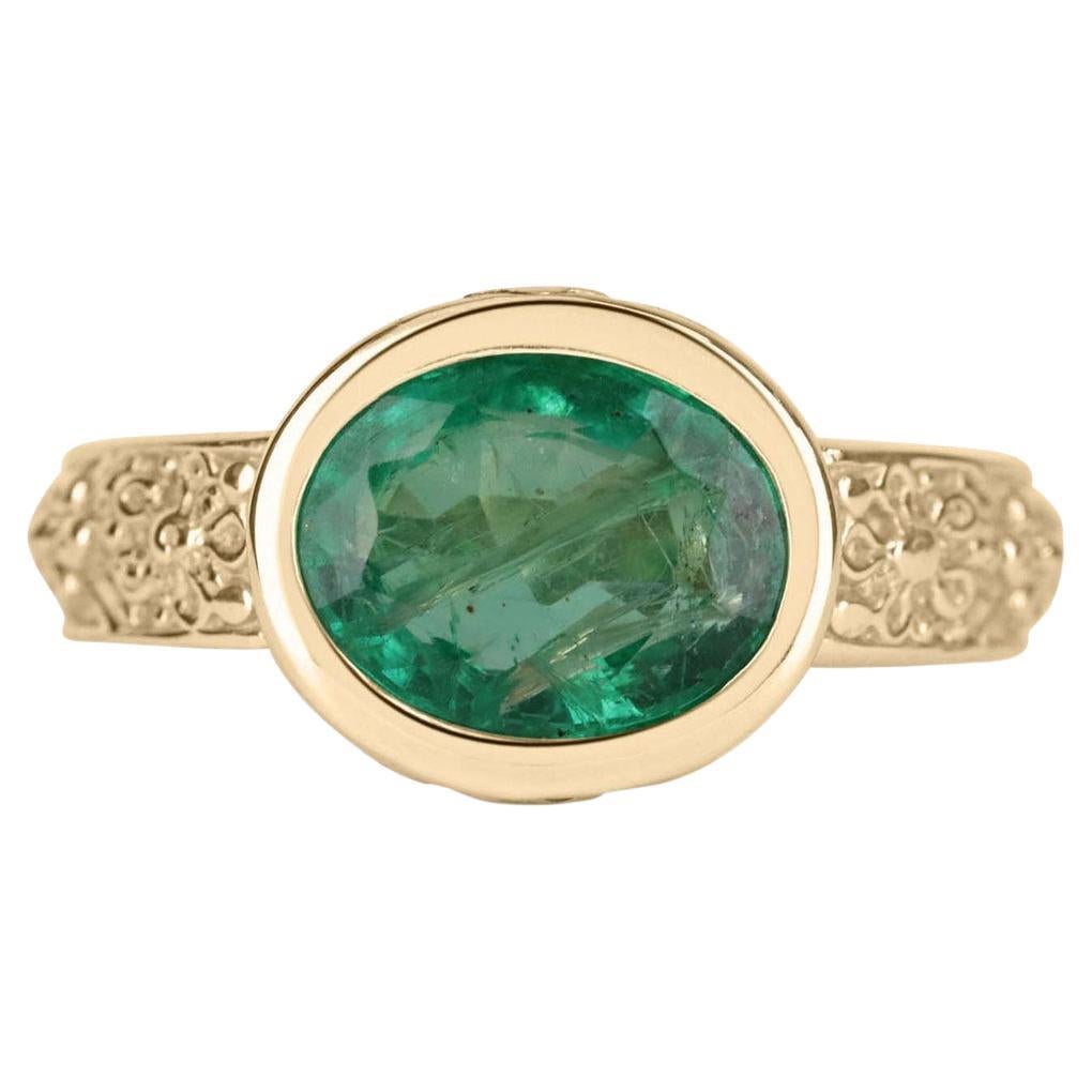 3.20cts 14K Natural Emerald-Oval Cut Solitaire Gold Ring For Sale