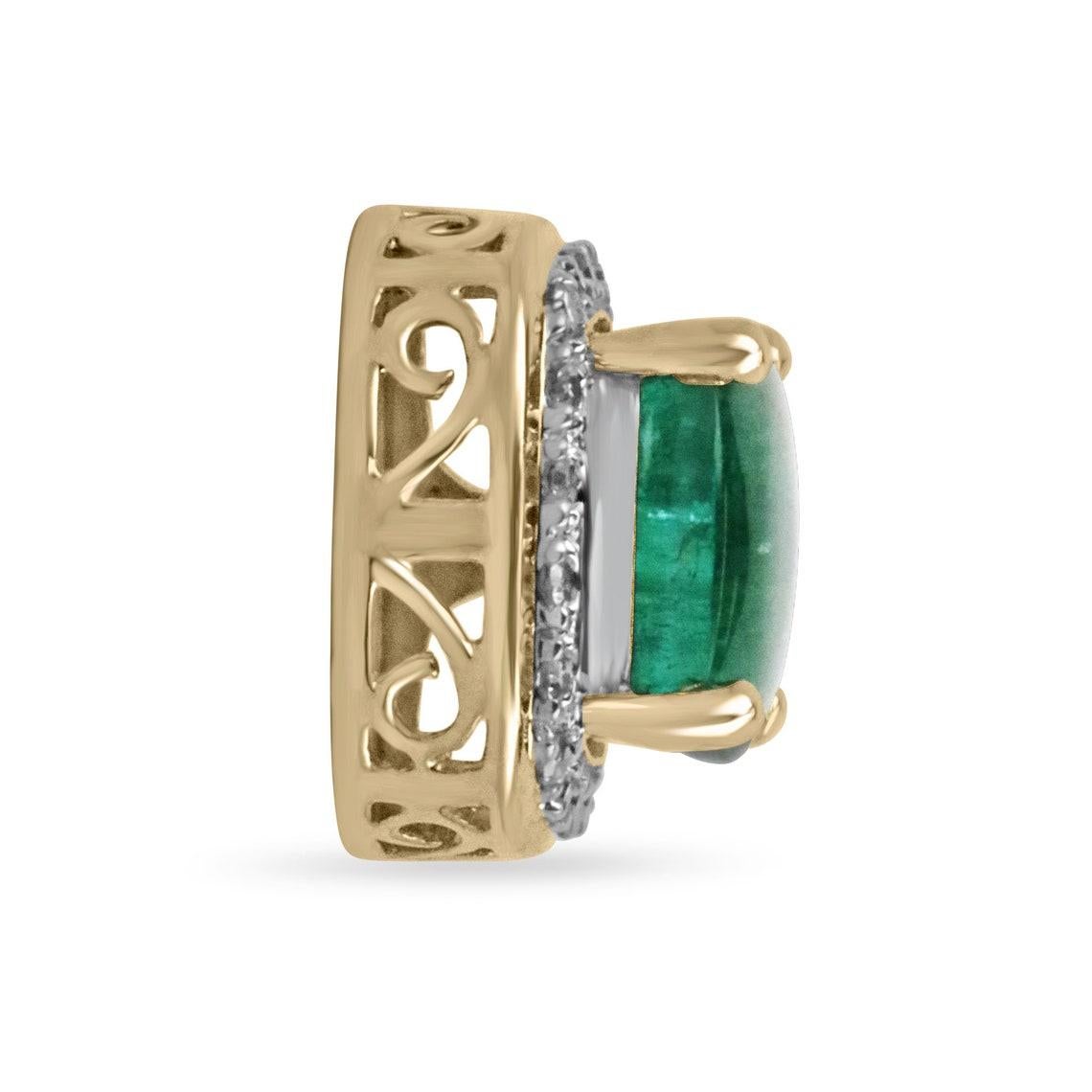 Indulge in the enchanting beauty of our Cabochon Emerald and Diamond Pendant, a captivating masterpiece that effortlessly combines sophistication and allure. The centerpiece boasts a luscious cabochon-cut cushion emerald, radiating a rich green hue