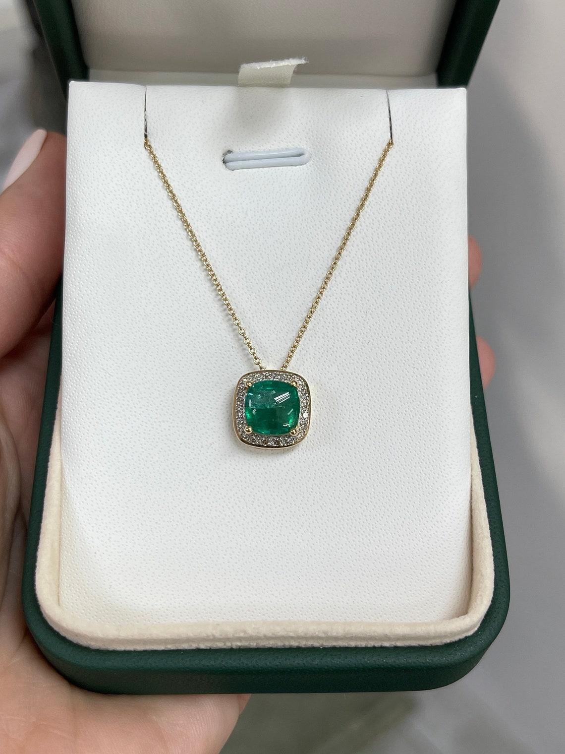 Modern 3.20tcw 14K Cabochon Cushion Emerald & Diamond Halo Pendant Rich Green Floral For Sale