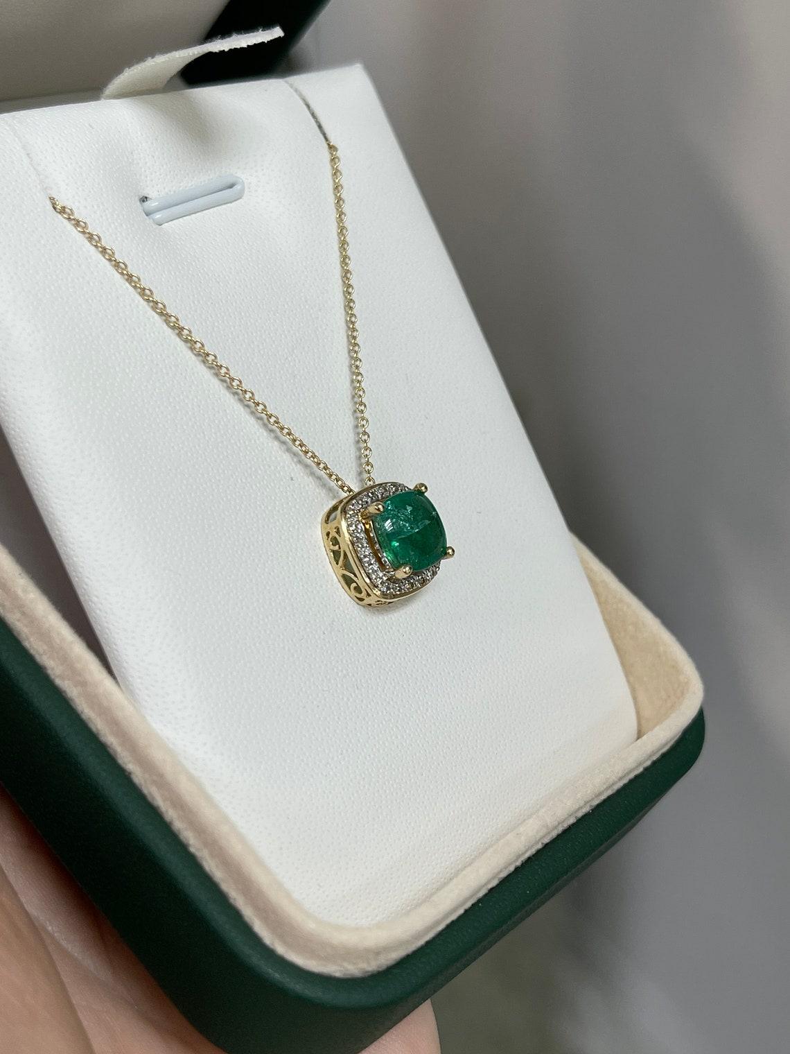Cushion Cut 3.20tcw 14K Cabochon Cushion Emerald & Diamond Halo Pendant Rich Green Floral For Sale
