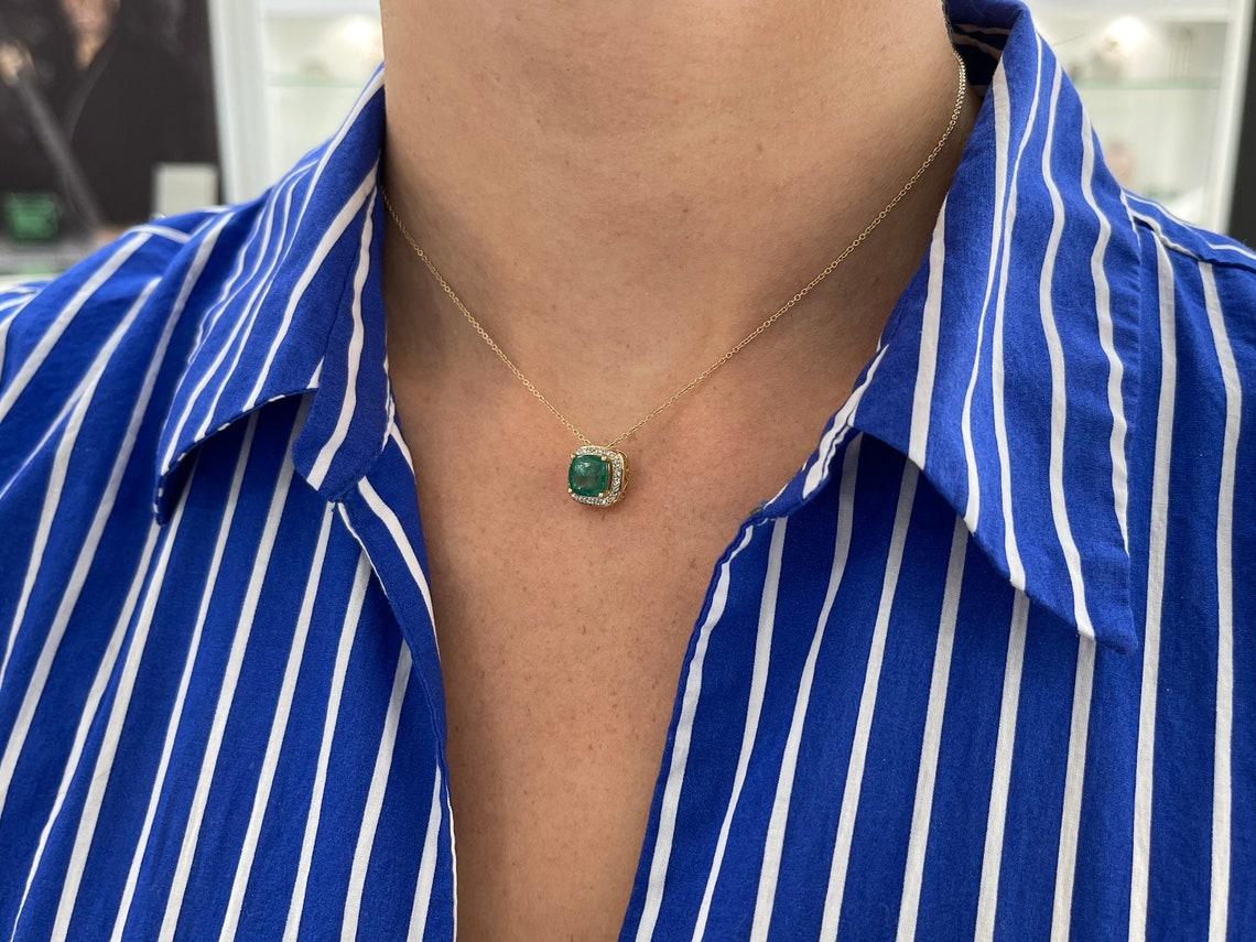 Women's 3.20tcw 14K Cabochon Cushion Emerald & Diamond Halo Pendant Rich Green Floral For Sale