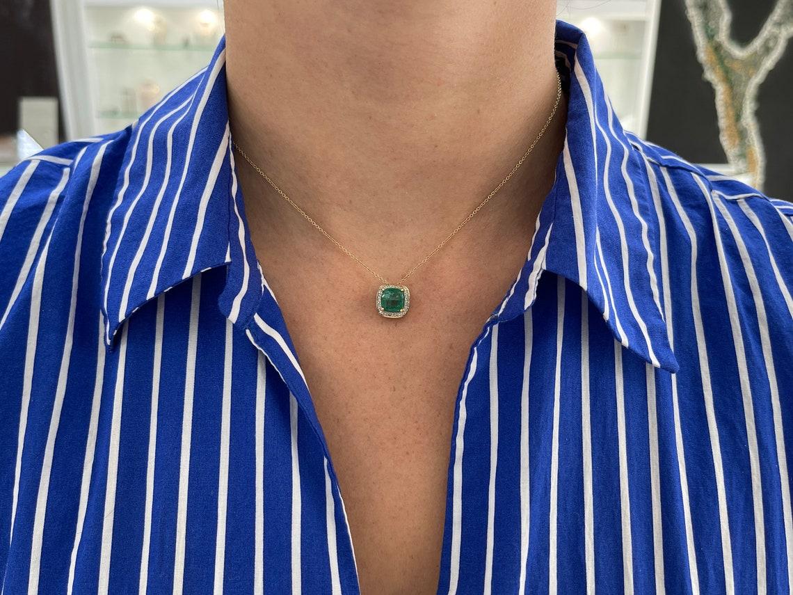 3.20tcw 14K Cabochon Cushion Emerald & Diamond Halo Pendant Rich Green Floral For Sale 1