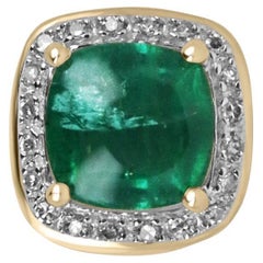 3.20tcw 14K Cabochon Cushion Emerald & Diamond Halo Pendant Rich Green Floral