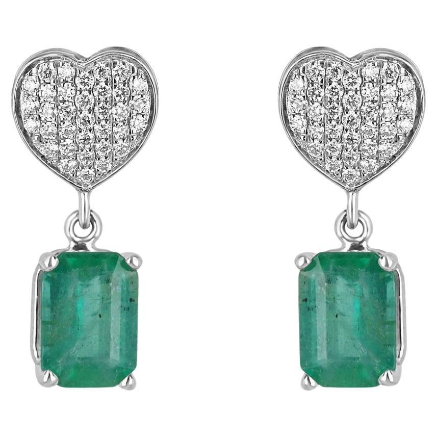 3.20tcw 14K Emerald & Diamond Heart Dangle Earrings Rich Green Prong Set Emerald