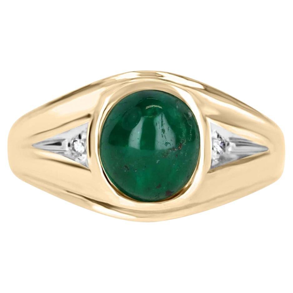 3.20tcw Oval Natural Emerald Cabochon & Diamond Three Stone Ring For Sale