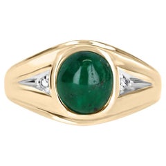 3.20tcw Oval Natural Emerald Cabochon & Diamond Three Stone Ring