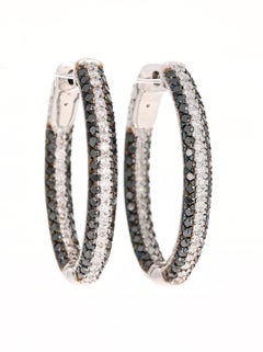 3.21 Carat Black Diamond White Diamond Hoop White Gold Earrings