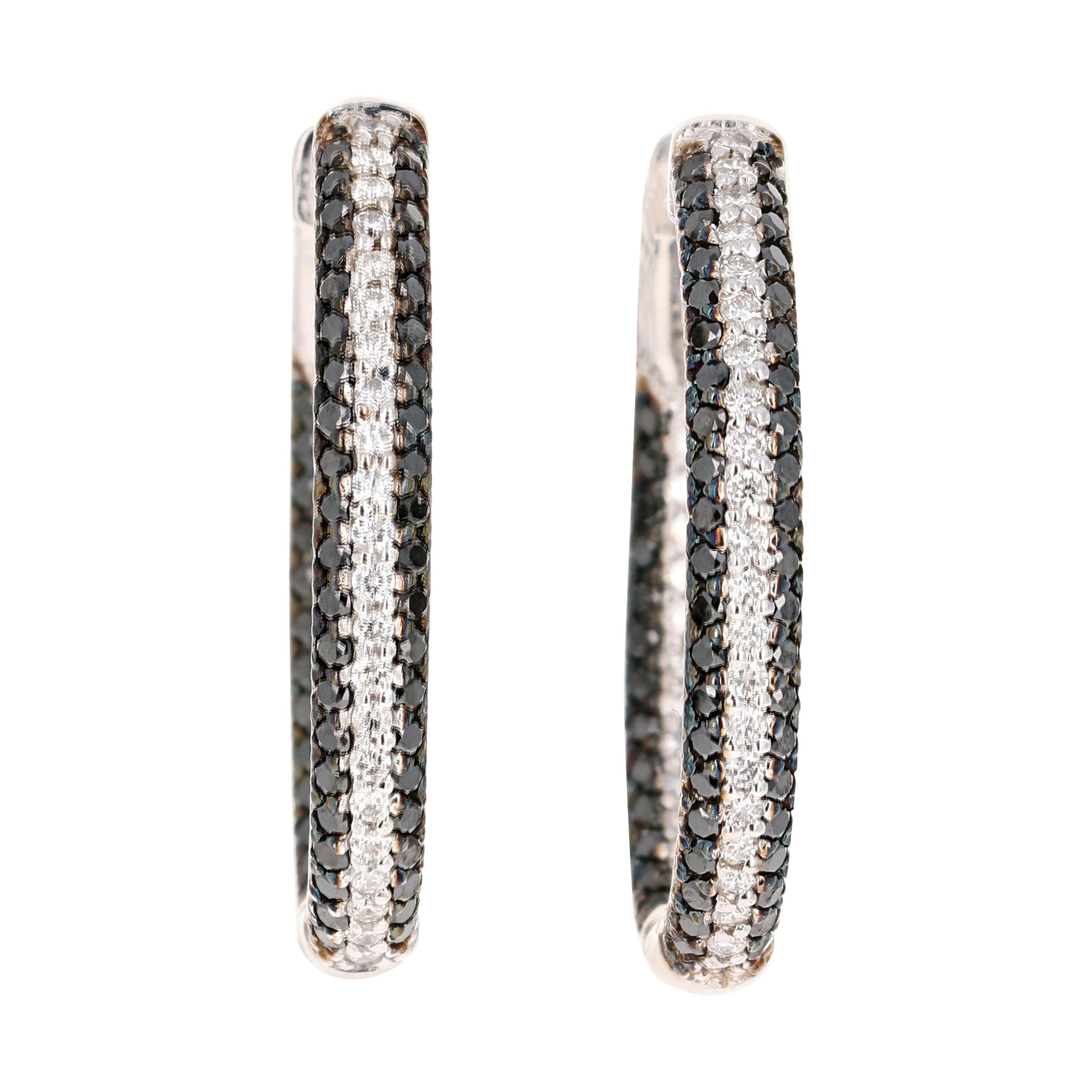 3.21 Carat Black Diamond White Diamond Hoop White Gold Earrings For Sale