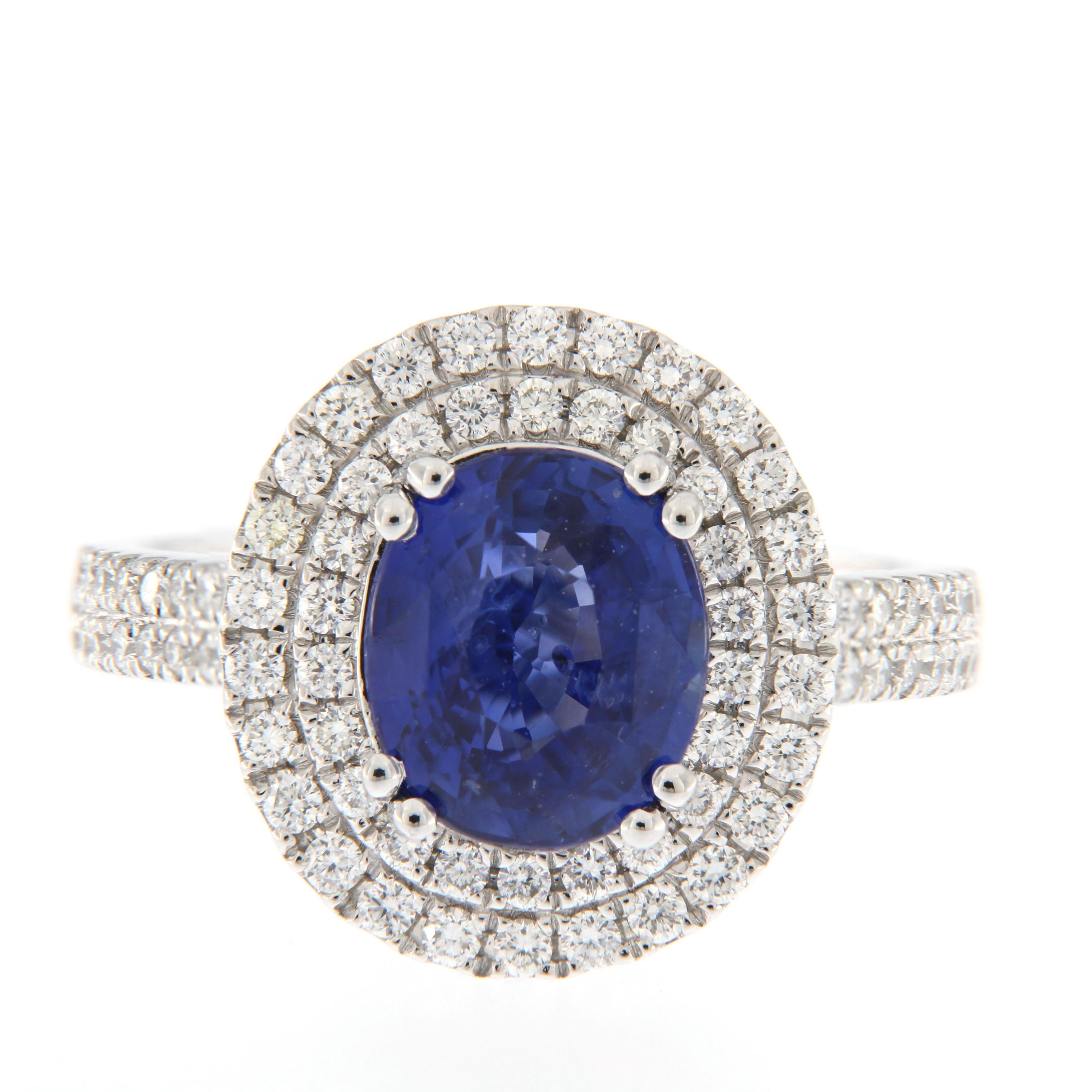 Women's or Men's 3.21 Carat Blue Sapphire Double Halo Diamond Ring in 18K White Gold For Sale