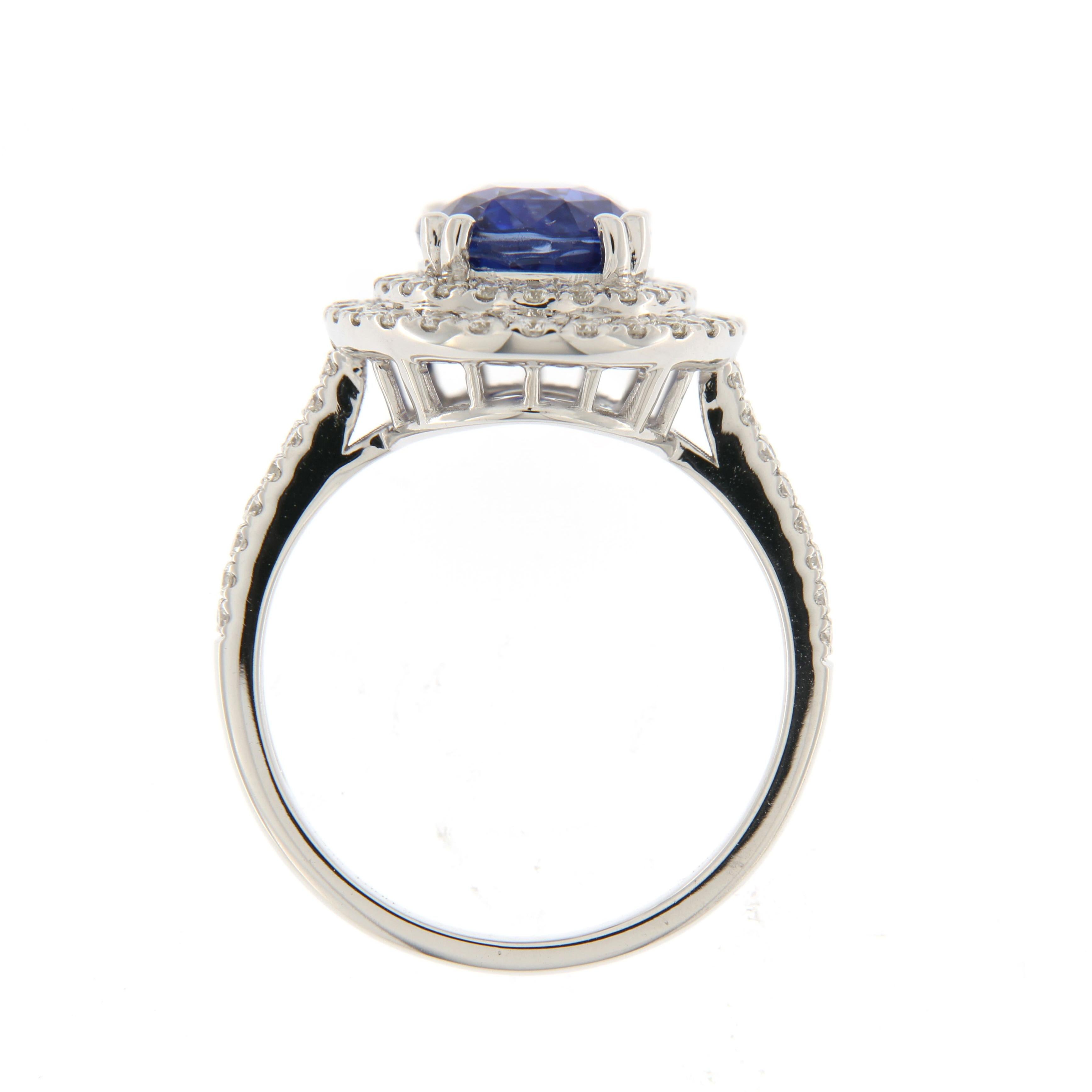 3.21 Carat Blue Sapphire Double Halo Diamond Ring in 18K White Gold For Sale 1