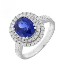 3.21 Carat Blue Sapphire Double Halo Diamond Ring in 18K White Gold