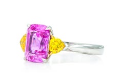 3.21 Carat Cushion Cut Pink Sapphire and 0.68 Carat Yellow Diamonds Ring