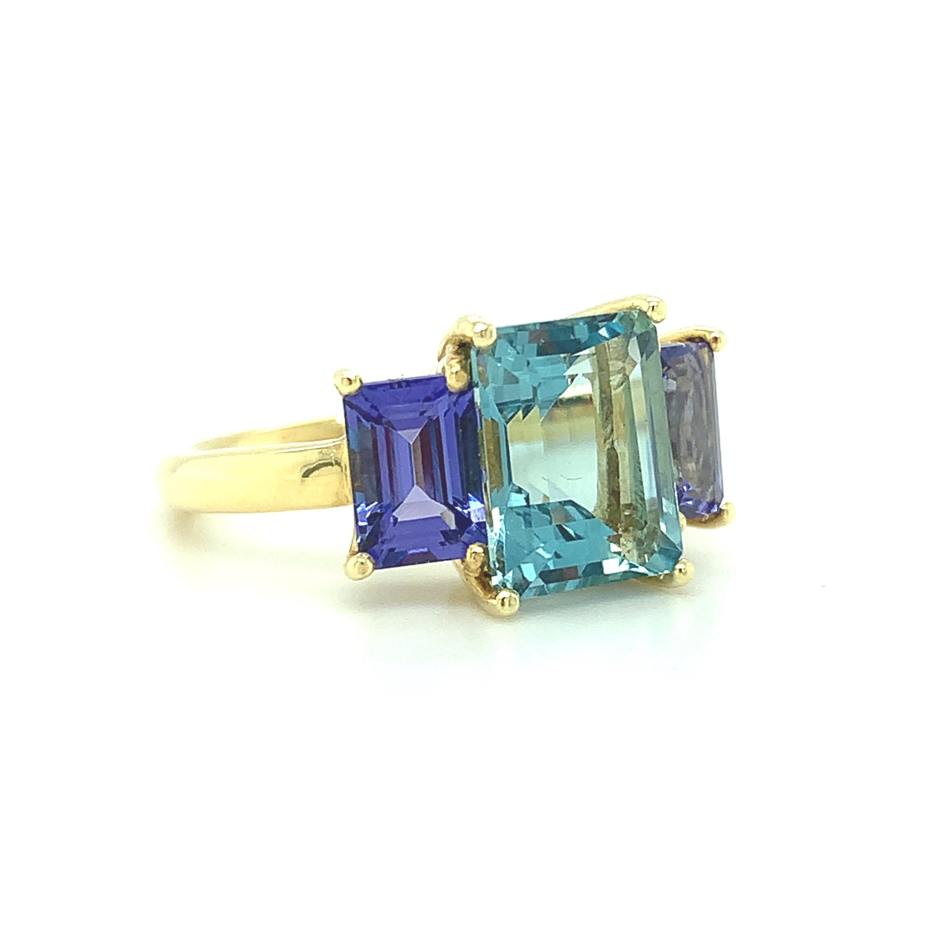 3.21 Carat Emerald Cut Aquamarine, Tanzanite Yellow Gold Cocktail 3-Stone Ring In New Condition In Los Angeles, CA