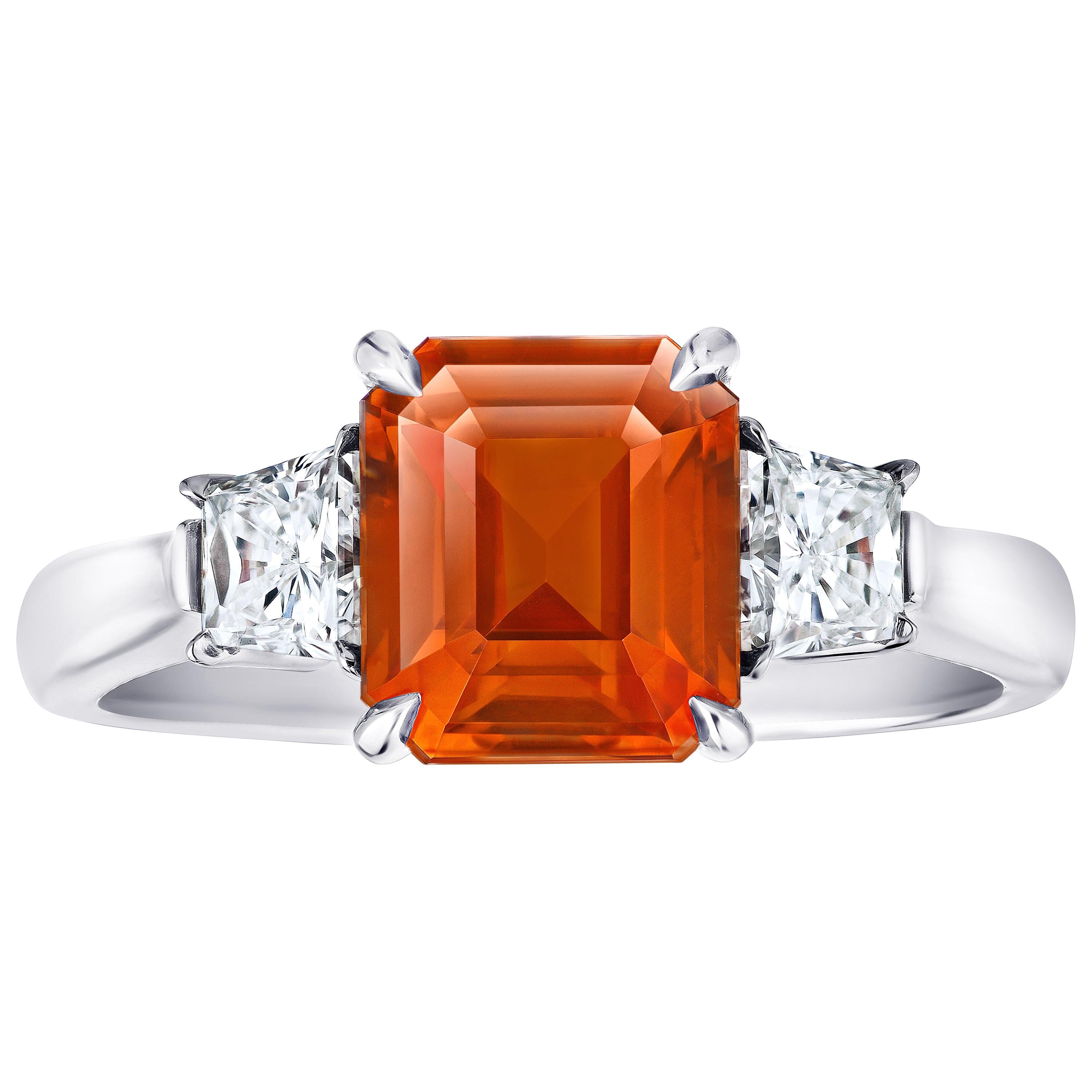 3.21 Carat Emerald Cut Orange Sapphire and Diamond Ring For Sale