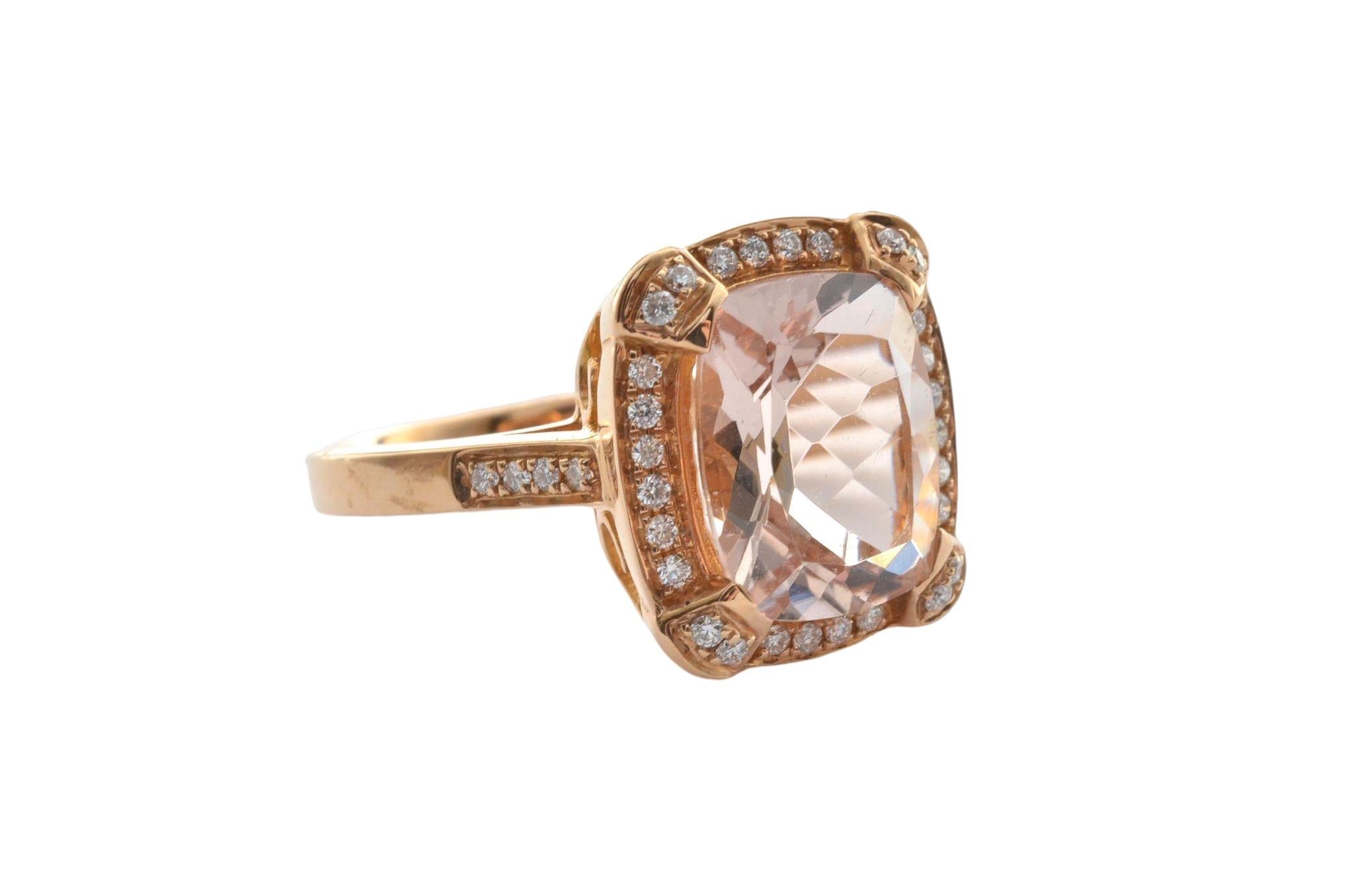 Cushion Cut Sunita Nahata Morganite 3.21ct. Fancy Ring in 18KRG with White Diamond. For Sale