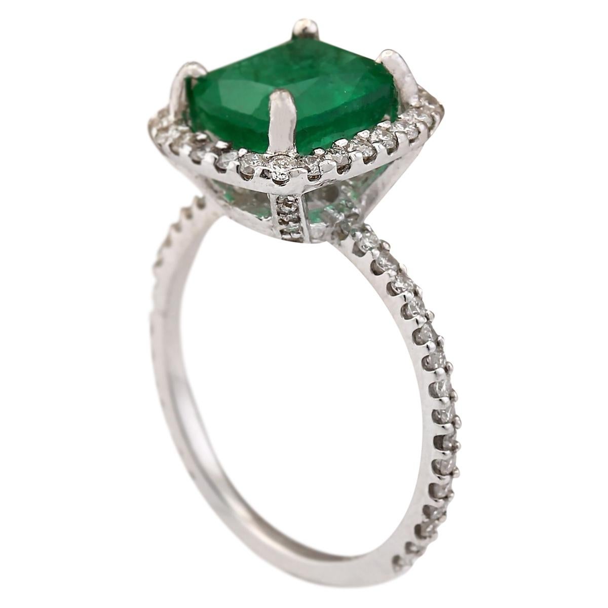 Cushion Cut Natural Emerald 14 Karat White Gold Diamond Ring For Sale