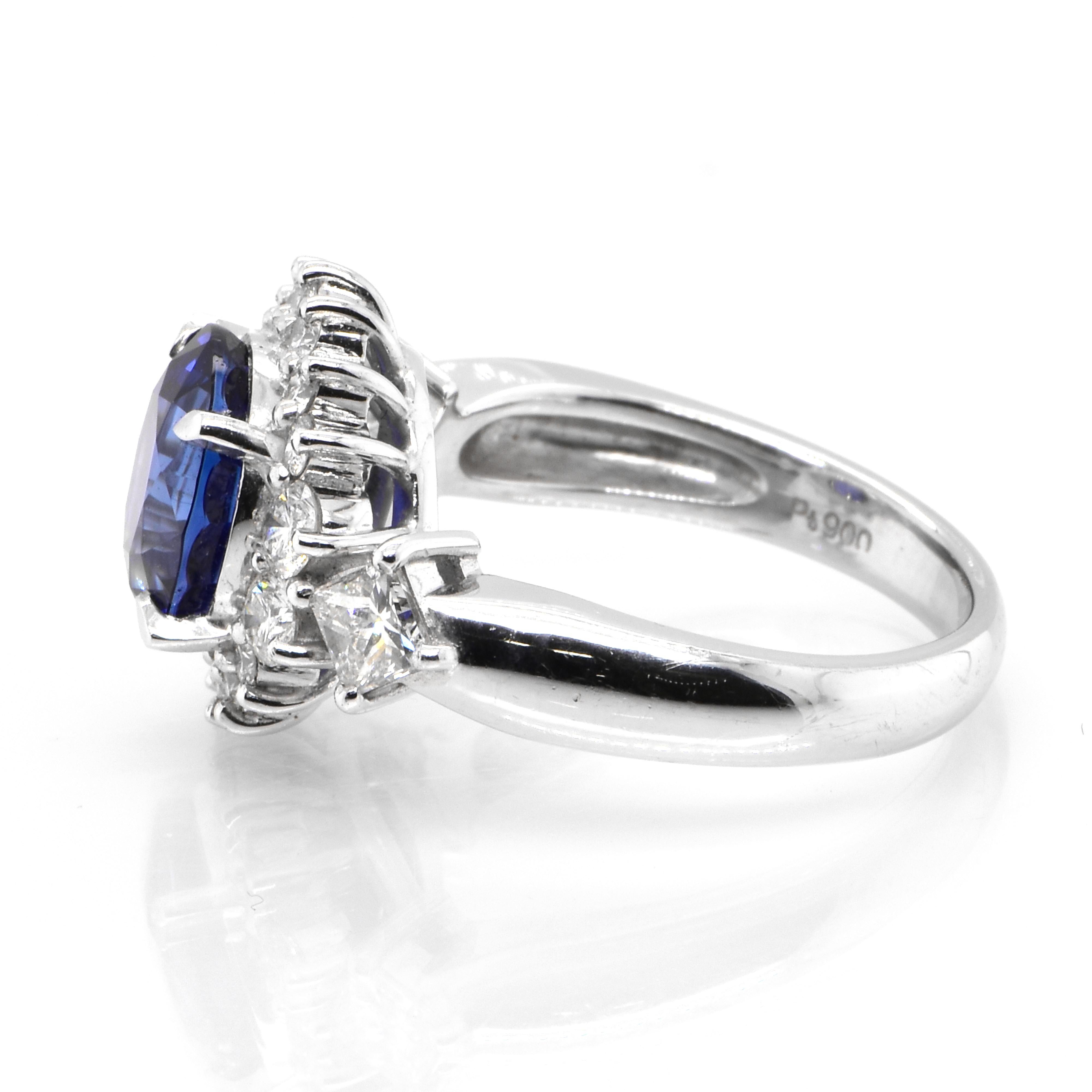 Oval Cut 3.21 Carat Natural Royal Blue Color Sapphire and Diamond Ring Made in Platinum For Sale