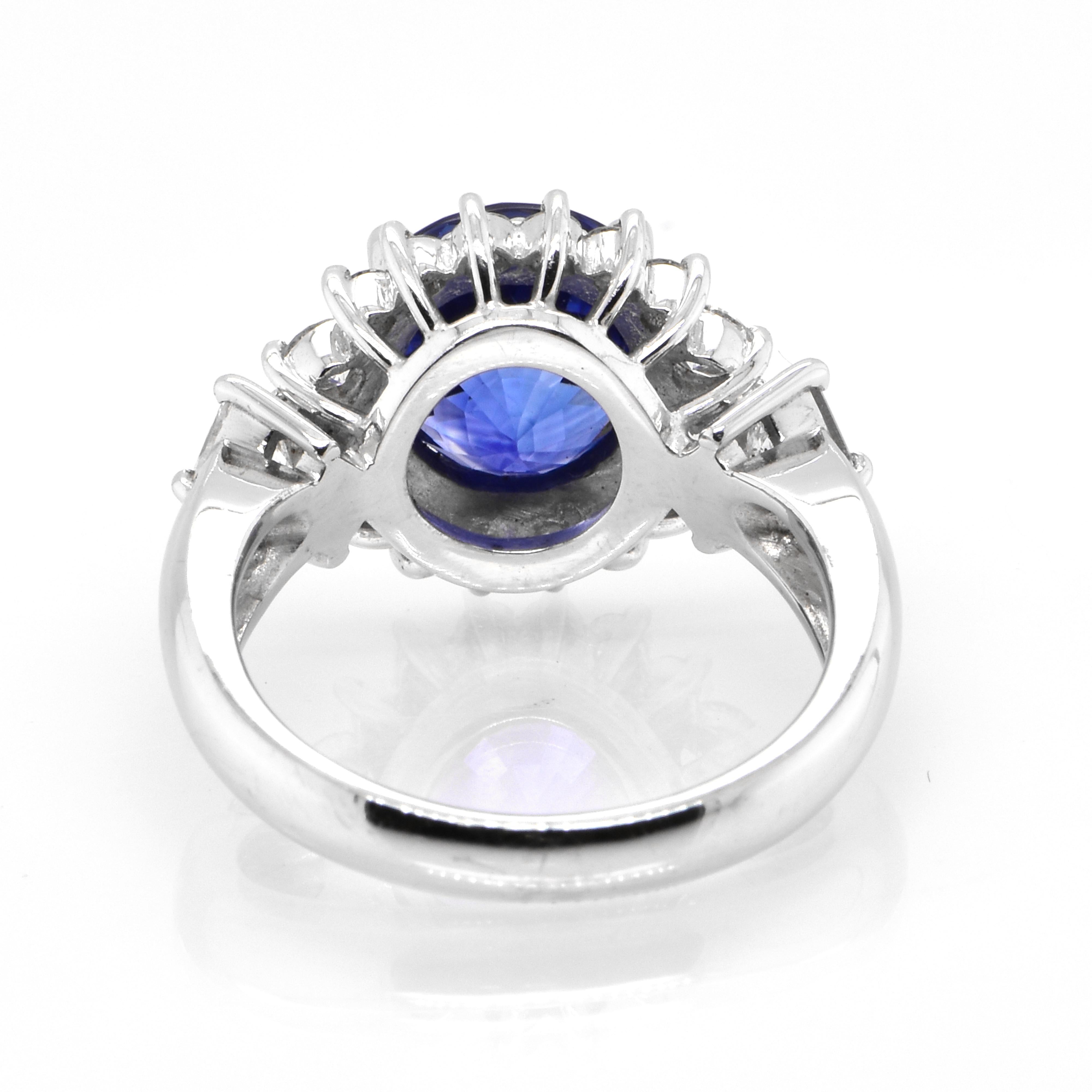 Women's 3.21 Carat Natural Royal Blue Color Sapphire and Diamond Ring Made in Platinum For Sale