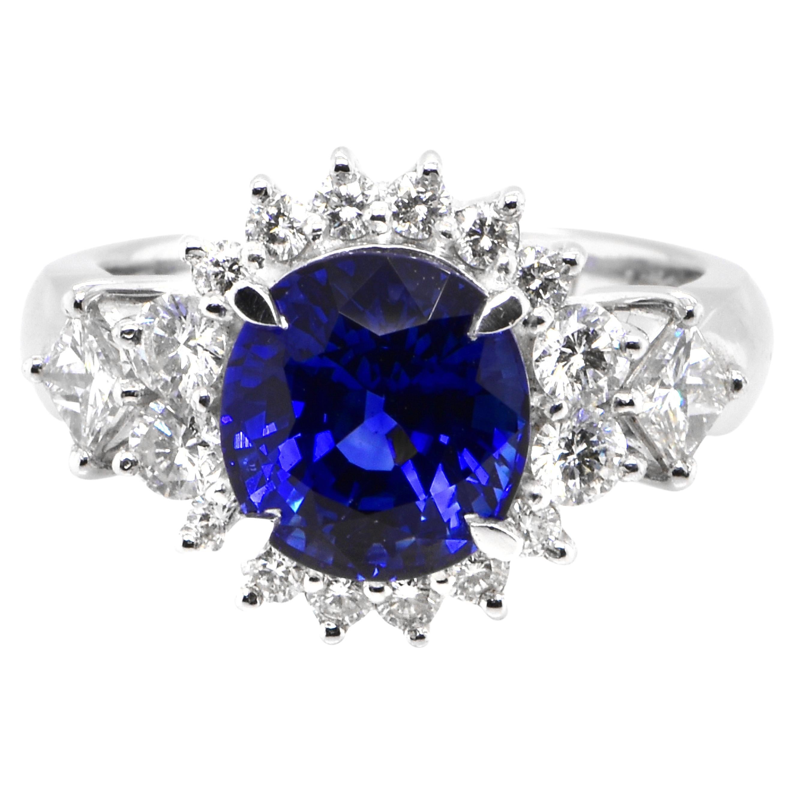 3.21 Carat Natural Royal Blue Color Sapphire and Diamond Ring Made in Platinum For Sale