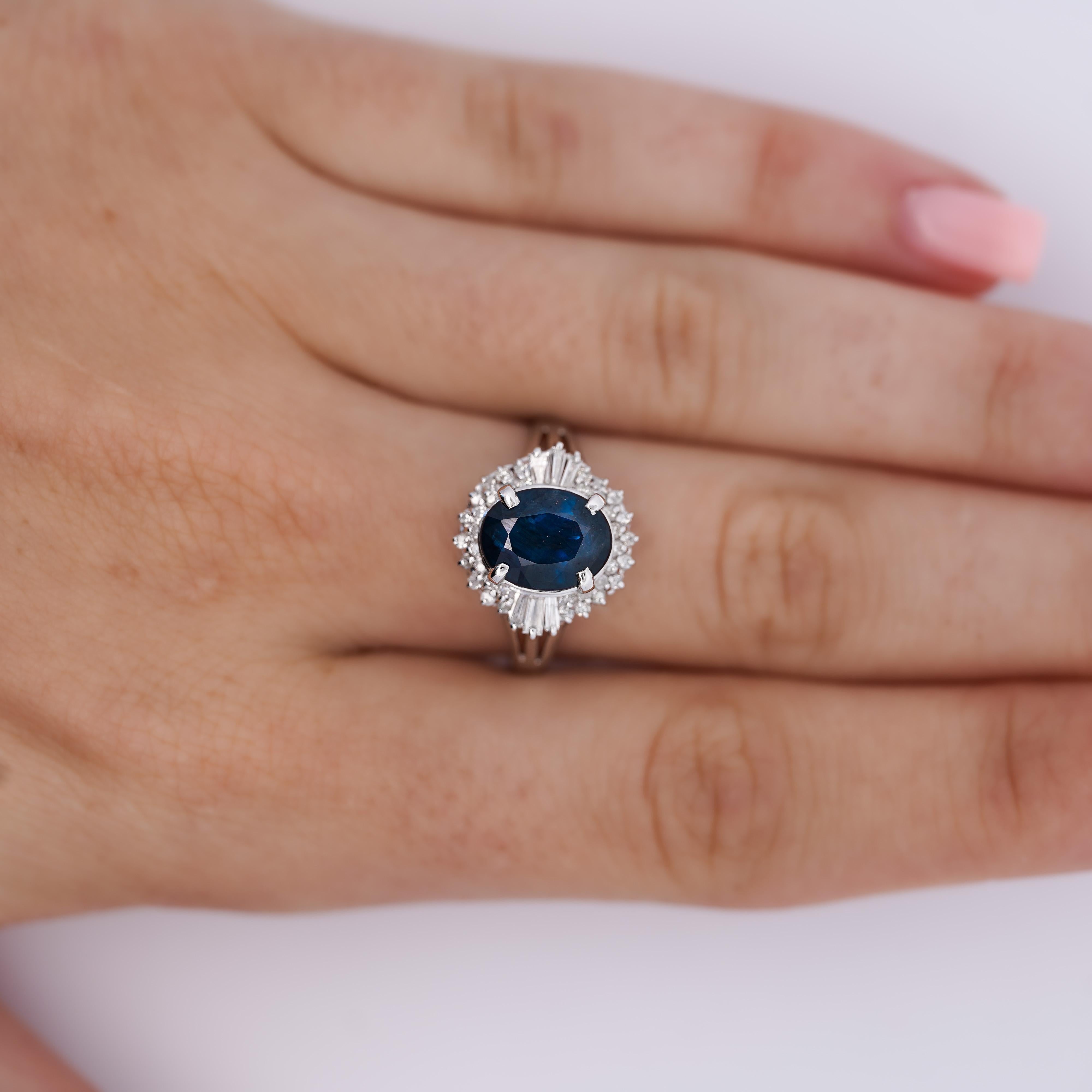 3.21 Carat Oval Cut Blue Sapphire and 0.35 Carat Total Mixed Baguette and Round Cut Diamond Ring. Set with natural mined gemstones and platinum 900.
 
Details: 
Item Type: Cocktail Ring
Metal: Platinum 900
Size: 8.25 (adjustable)
Weight: 4.27