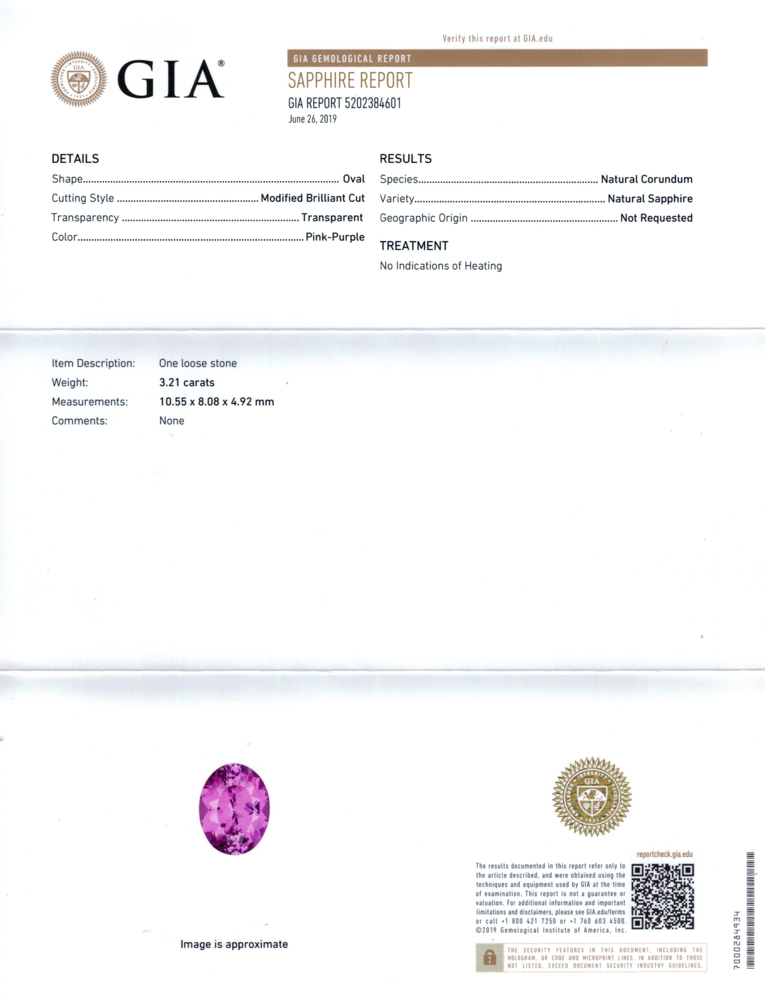 Oval Cut 3.21 Carat Oval Pink Sapphire and Diamond Ring For Sale