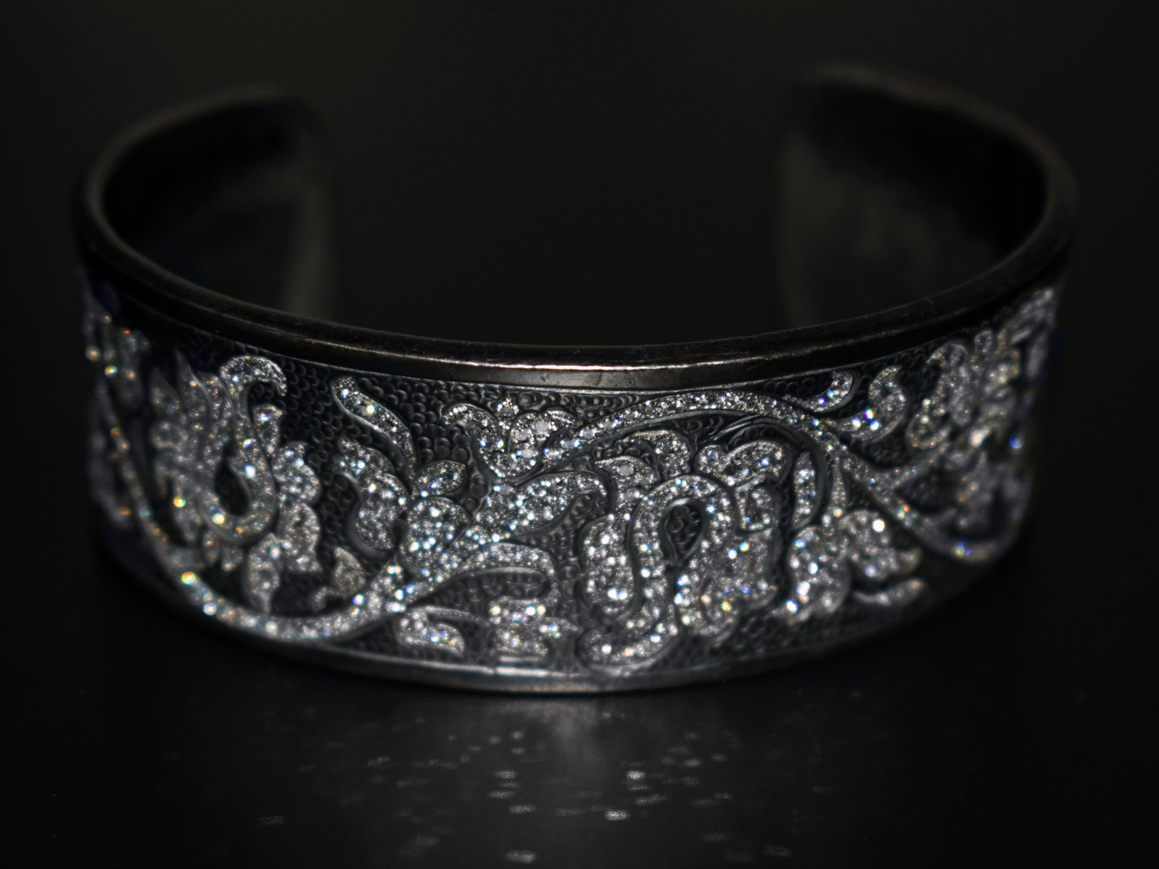 3.21 Carat Diamond Pavé Engraved Oxidized Sterling Silver Cuff Bracelet In New Condition In Naples, FL