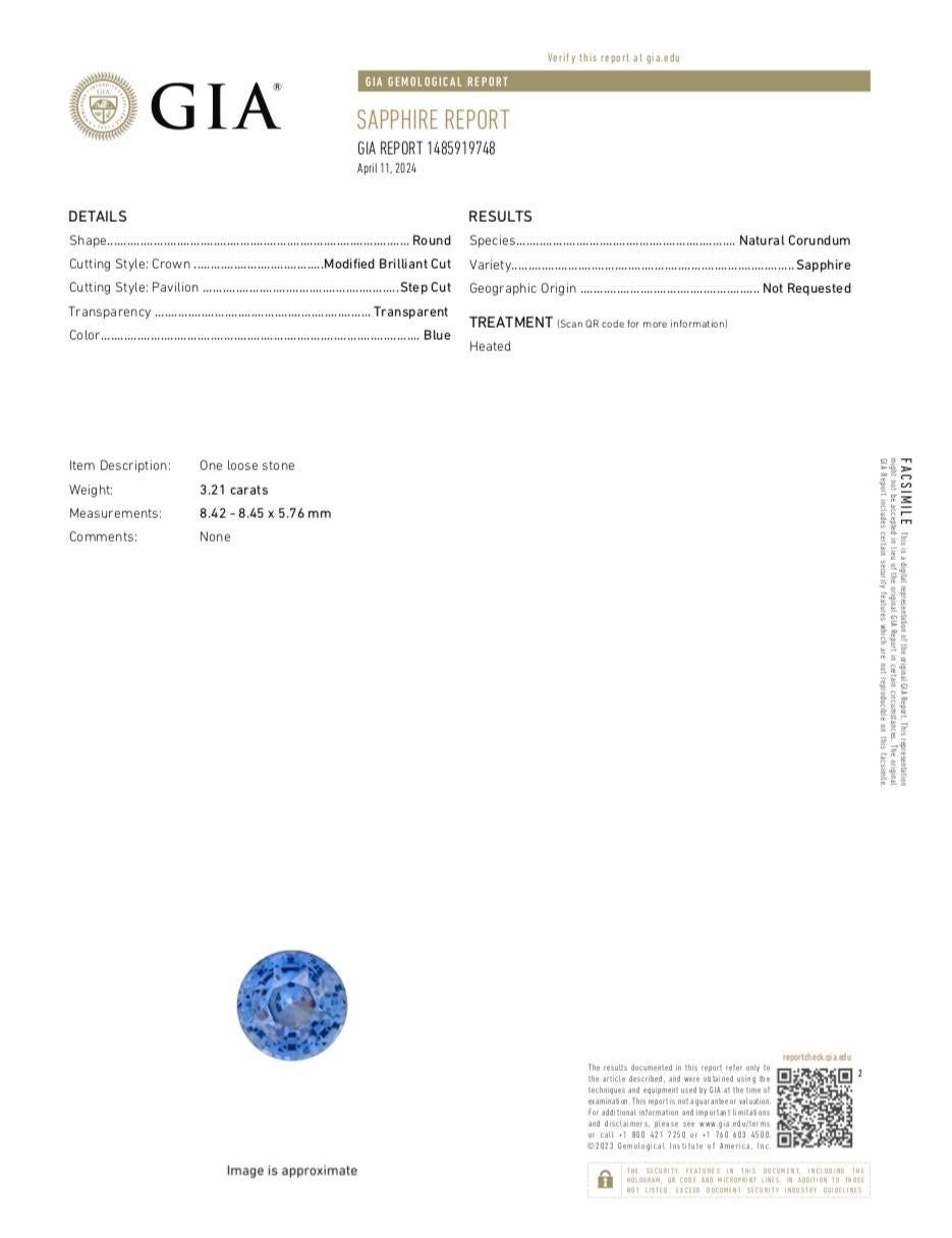 3.21 ct Blue Sapphire Round Natural	Heated GIA Certified In New Condition For Sale In South Melbourne, AU