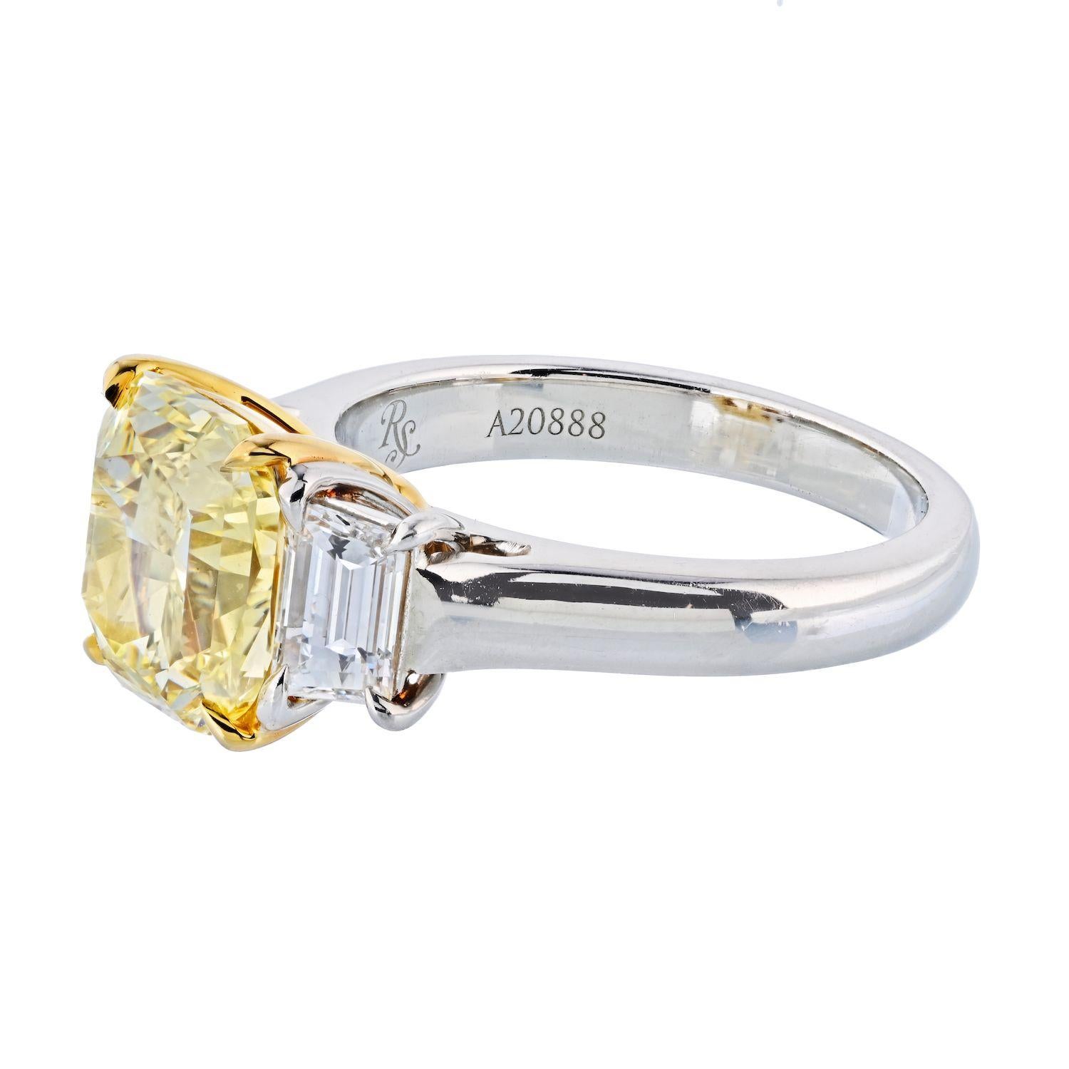 3.21 Ct Radiant Cut Platinum Fancy Yellow Three Stone Diamond Engagement Ring In New Condition For Sale In New York, NY