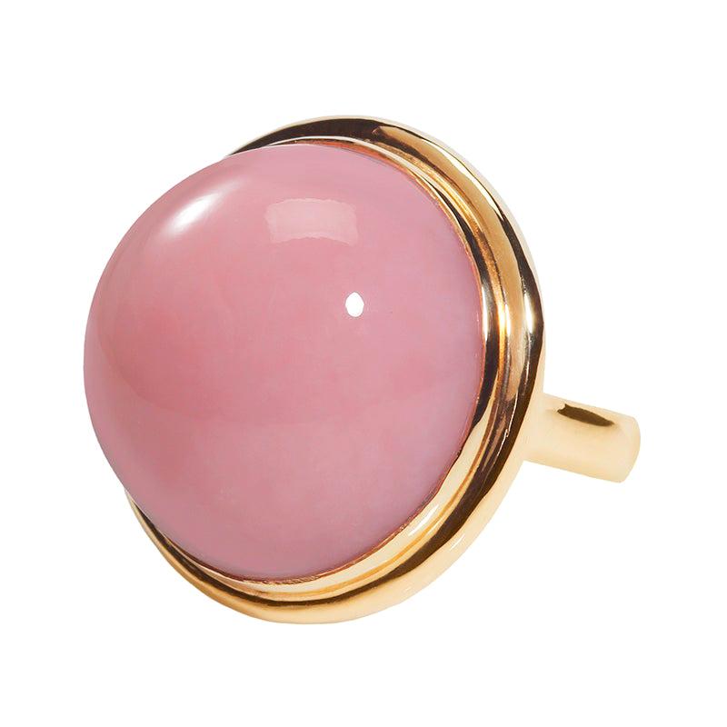 32.10 Carat Peruvian Pink Opal Cabochon 18 Karat Yellow Gold One of a Kind Ring For Sale