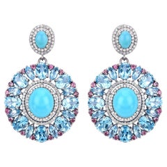 32.10cttw Multi-Gemstones with Diamonds 1.65cttw Dangle-Drop Silver Earrings