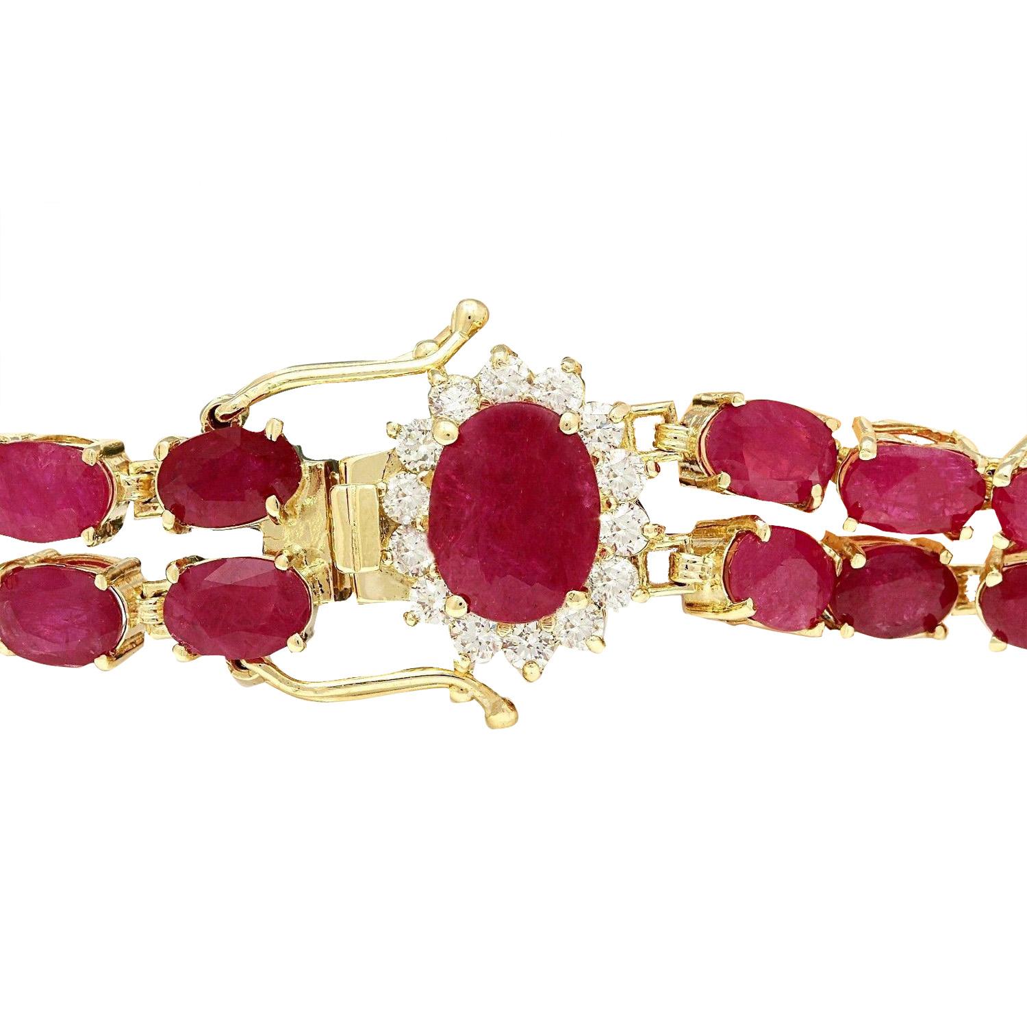 32.15 Carat Natural Ruby 14K Solid Yellow Gold Diamond Bracelet
 Item Type: Bracelet
 Item Style: Tennis
 Item Length: 7 Inches
 Item Width: 8.30 mm
 Material: 14K Yellow Gold
 Mainstone: Ruby
 Stone Color: Red
 Stone Weight: 29.50 Carat
 Stone
