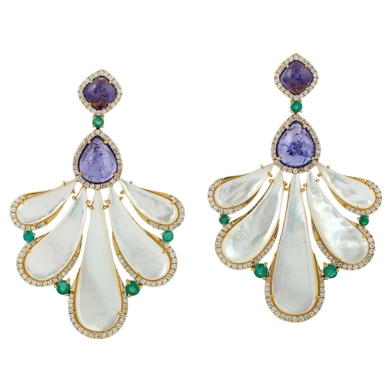 32.17ct Pearl Dangle Earrings With Tanzanite & Emerald Accented With Diamonds