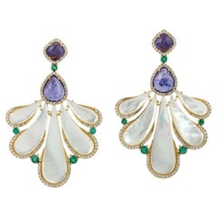 32.17ct Pearl Dangle Earrings With Tanzanite & Emerald Accented With Diamonds