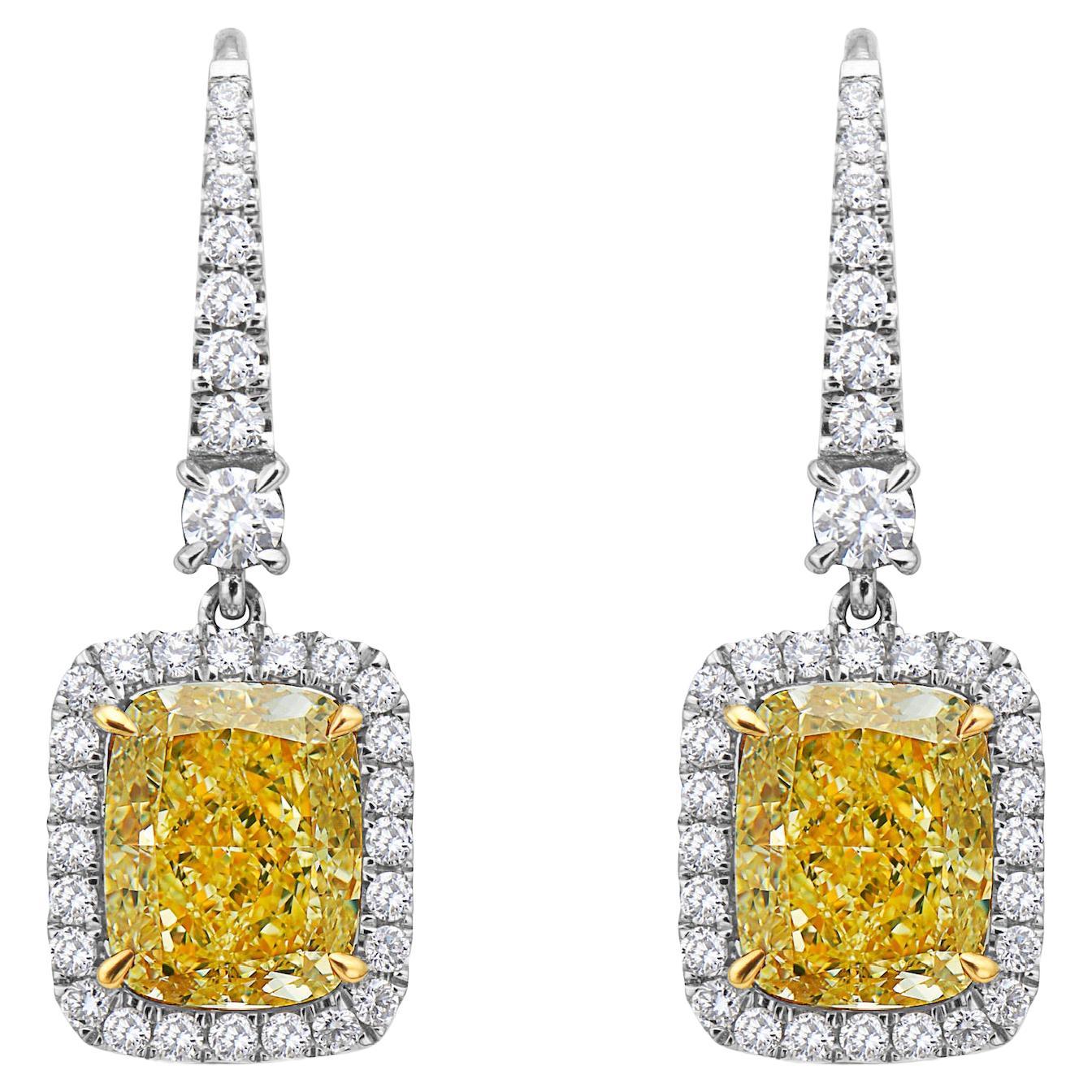 6.22ct GIA VS Fancy Light Yellow Cushion Drop Earrings