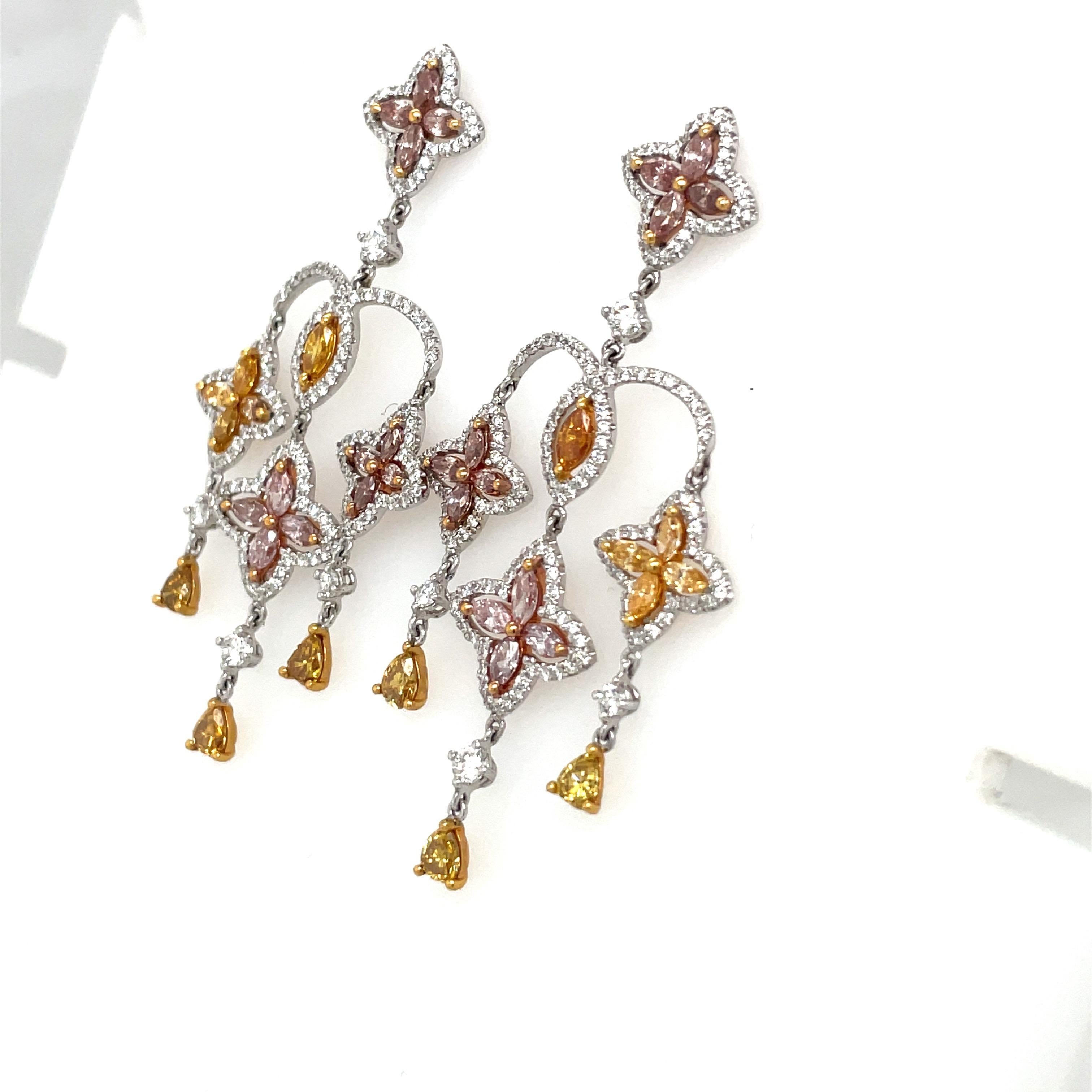 Marquise Cut 3.21Ct. Fancy Colored Diamond Arabesque Chandelier Earring in 18kt Gold For Sale