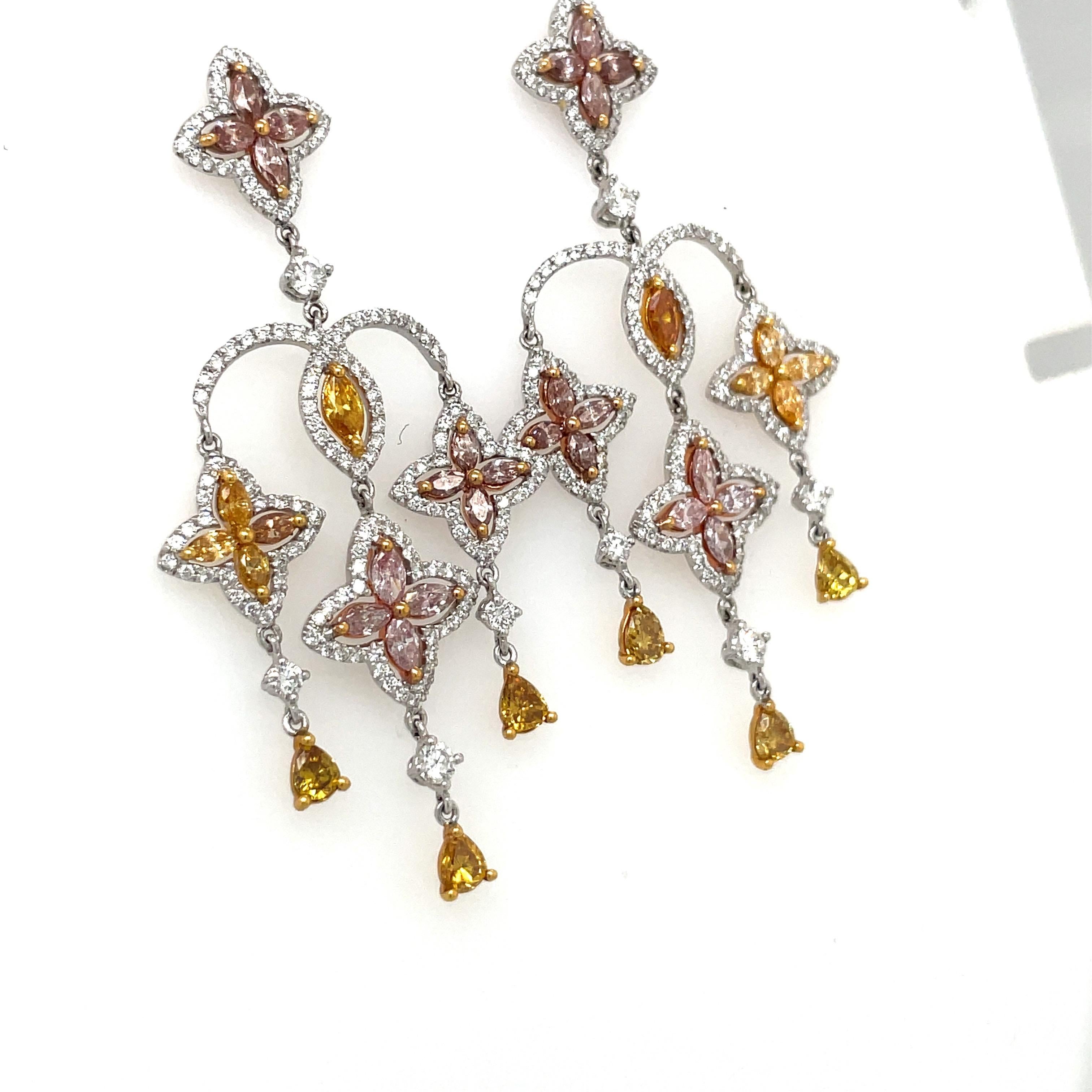Women's or Men's 3.21Ct. Fancy Colored Diamond Arabesque Chandelier Earring in 18kt Gold For Sale