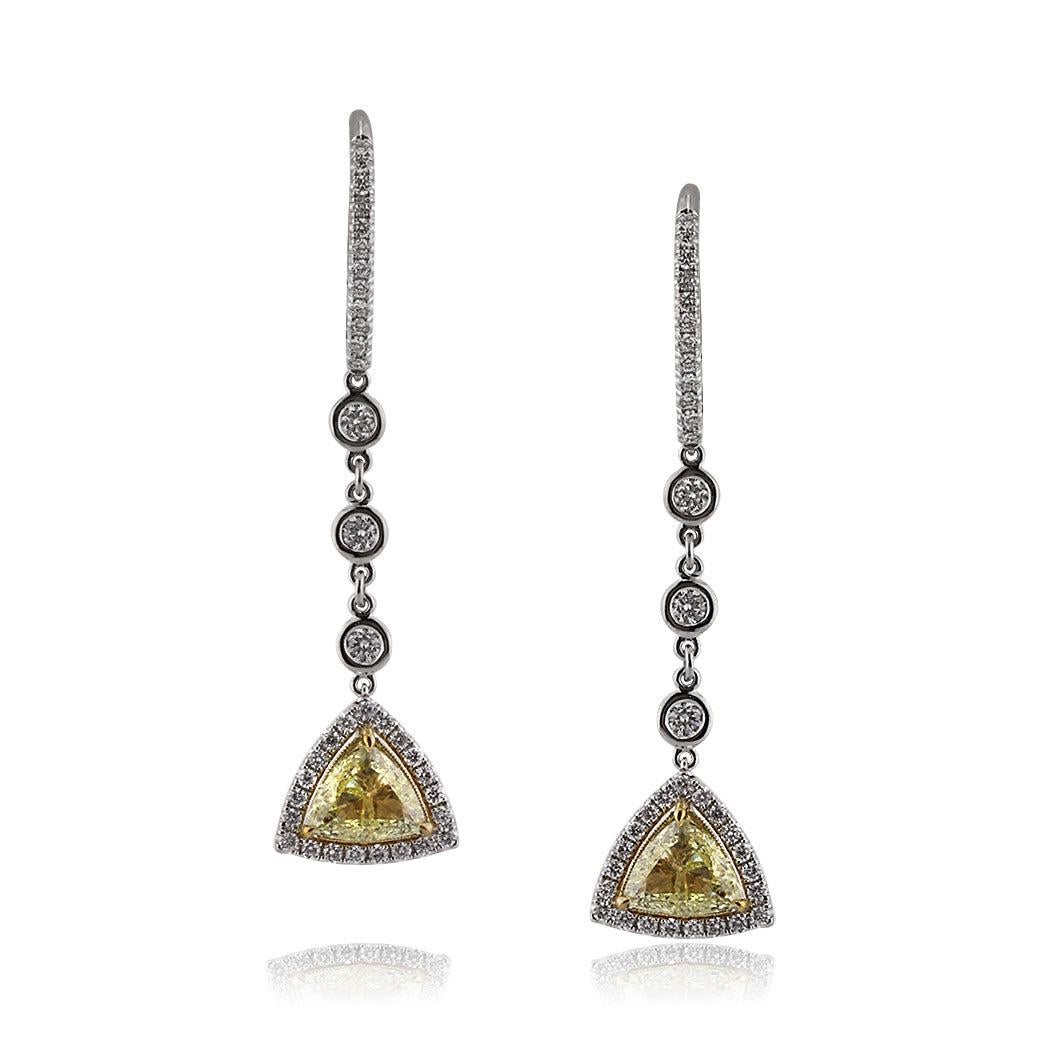 3.21ct Fancy Light Yellow Triangular Brilliant Diamond Dangle Earrings For Sale