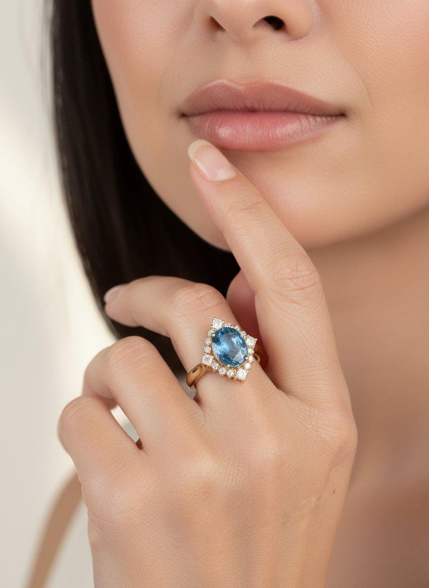 3.21ct Heirloom Sapphire with Diamond Halo 14K Gold Engagement Ring R6779 en vente 2